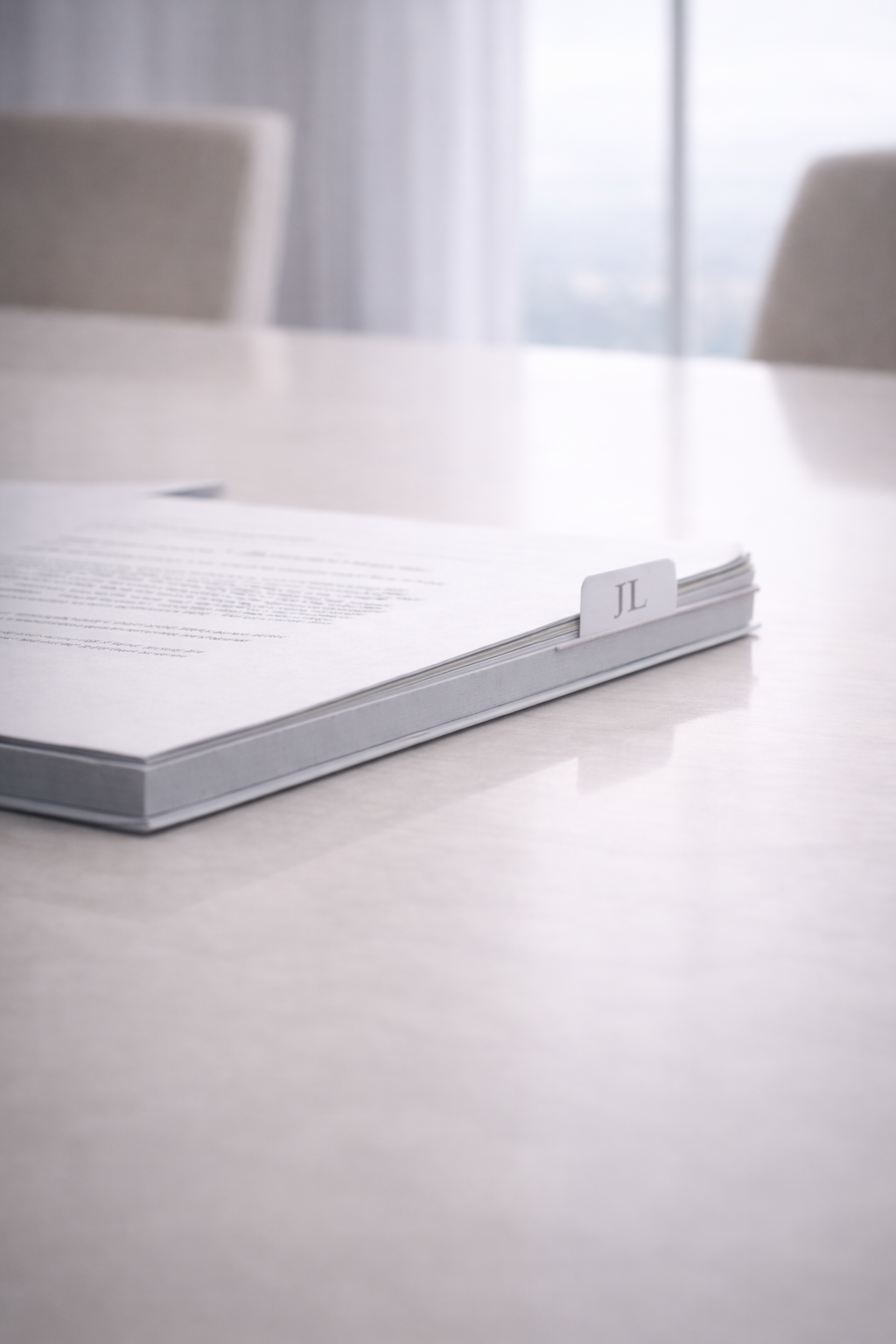 A stack of papers or a binder with a tab labeled 'JL' on a white table in a bright room with blurred chairs and large windows in the background.