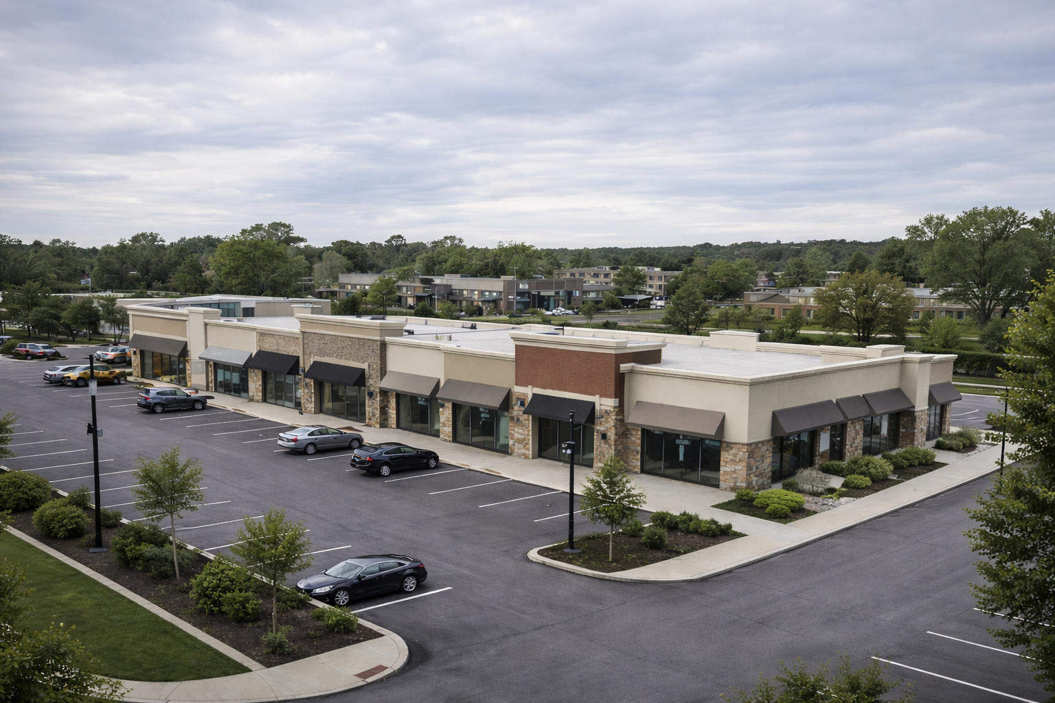 Empty strip mall parking lot with trees and bushes, single-story retail stores with black awnings, overcast sky.