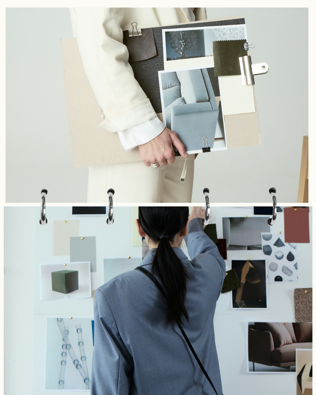Two women are planning interior design. The top woman holds fabric and design samples for a sofa, and the bottom woman is pinning fabric swatches and images of furniture and materials on a white wall.