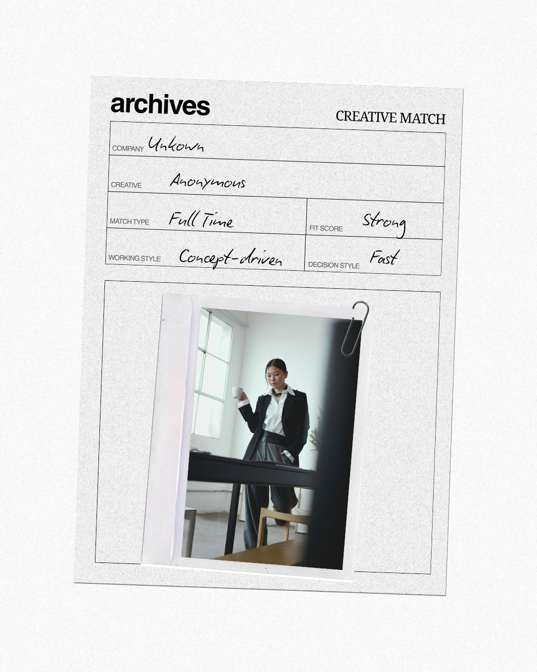 A document titled 'archives' with handwritten notes and a attached photograph of a woman in a business suit holding a cup, standing in a bright office.