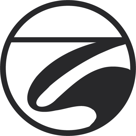 A black and white logo with a circular design and stylized shapes.