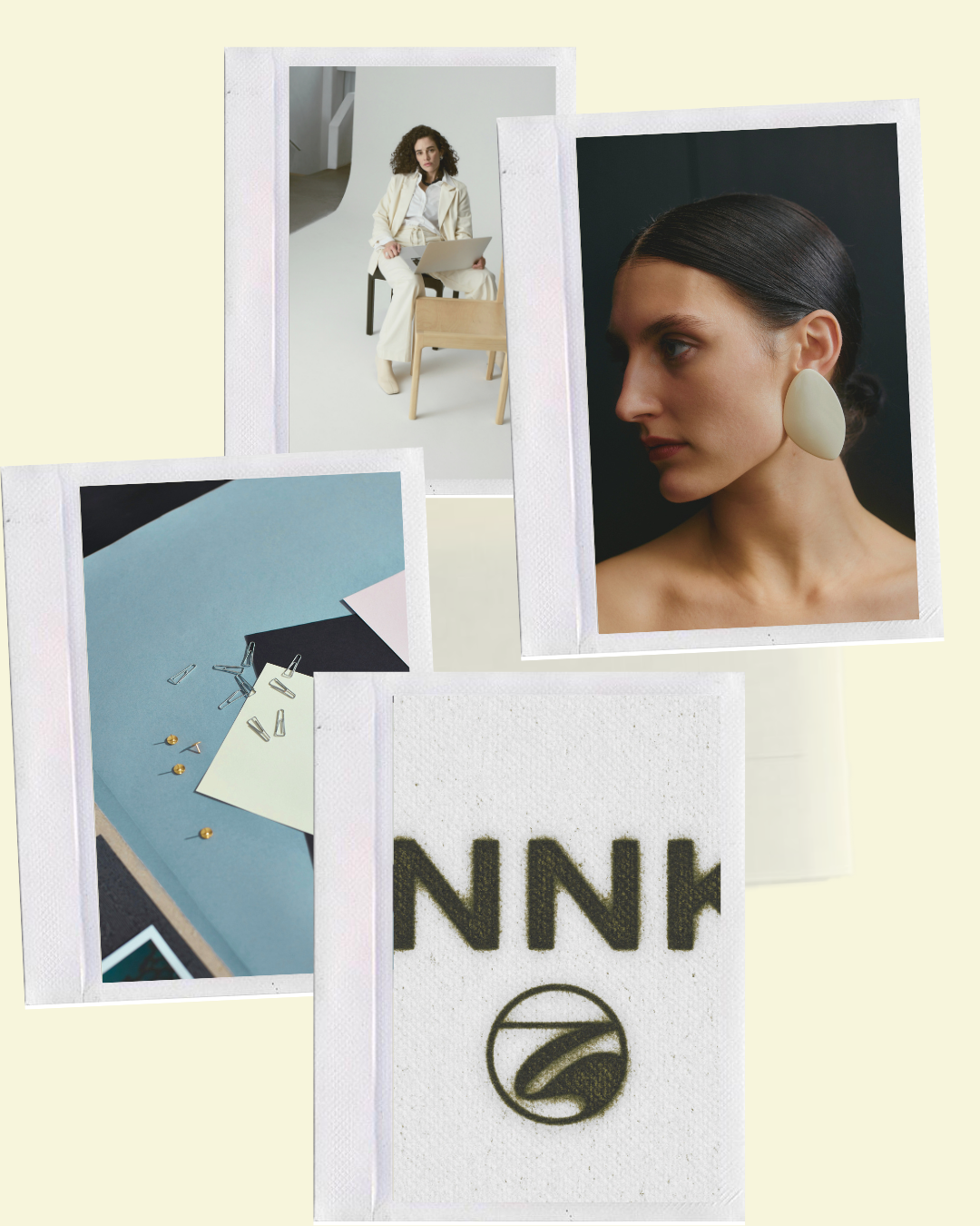 Collage of four photographs including a woman with curly hair sitting with a laptop, a woman with dark hair and large earring against a black background, scattered paper clips and gold pins on a blue and black surface, and a close-up of a textured white fabric with black printed symbols.