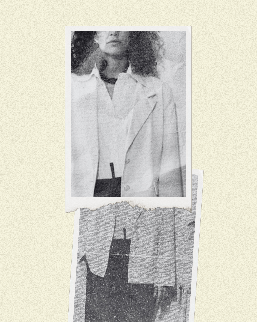 Two black-and-white photographs, one placed above the other, depicting a person wearing a light-colored shirt with dark pants, with curly hair, on a plain background.