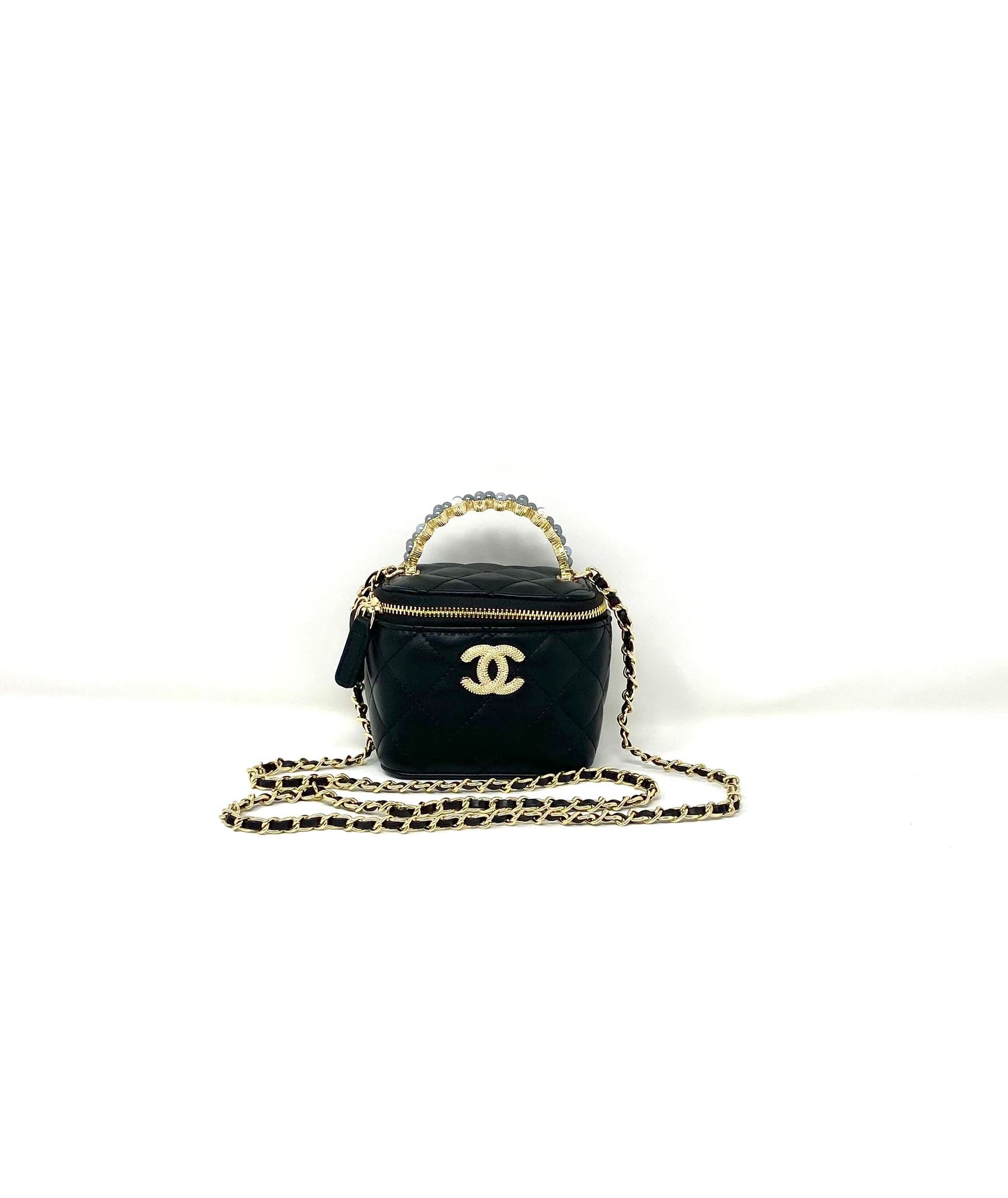 CHANEL Beauty Black Quilted Makeup Bag with Mirror on Chain (VIP Gift) Made in Italy