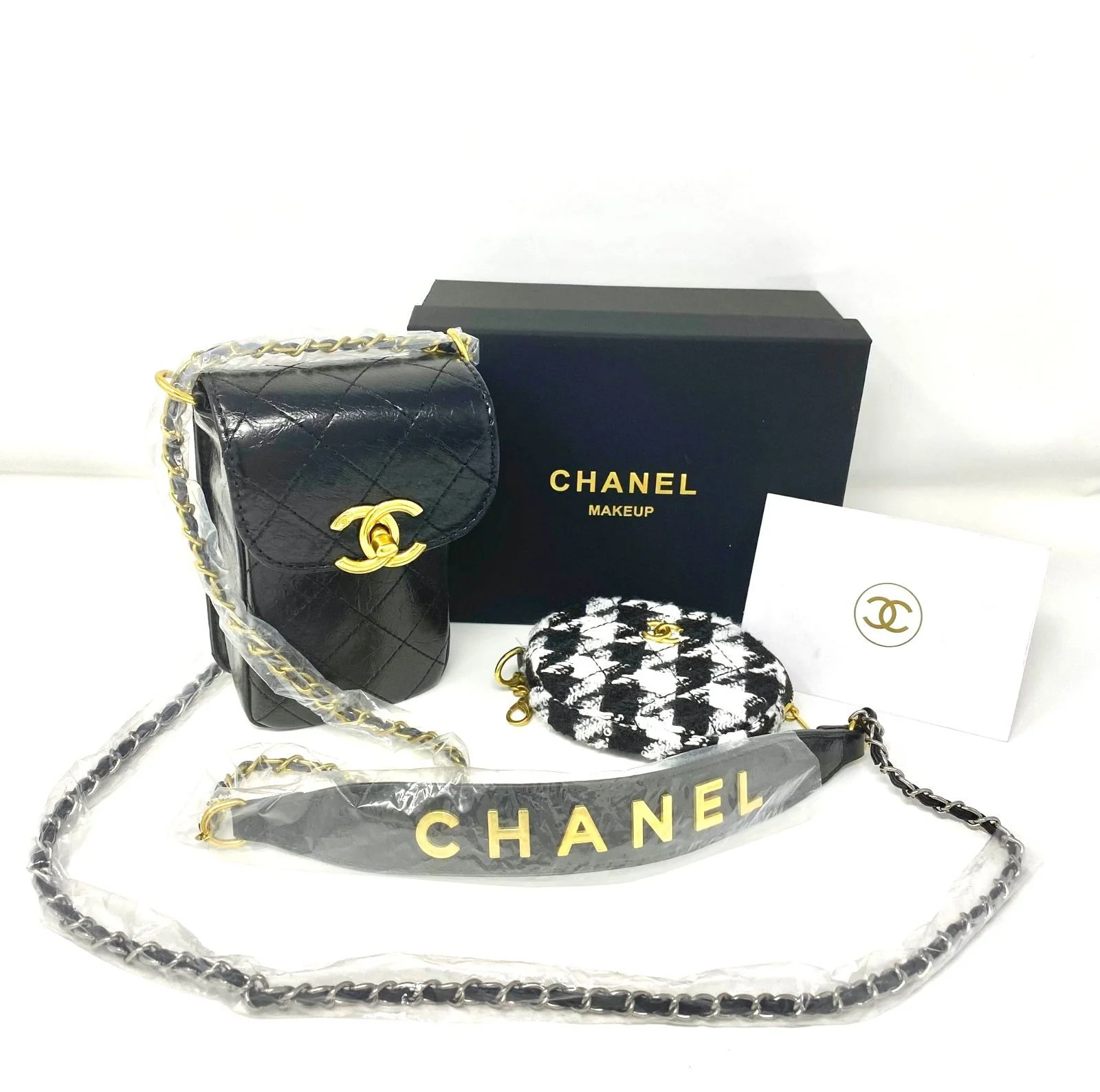 CHANEL Beauty Black Wax Leather-Like Makeup Bag on Chain + Tweed Pouch Set (VIP Gift)  Phone Bag and Purse With Logo Box