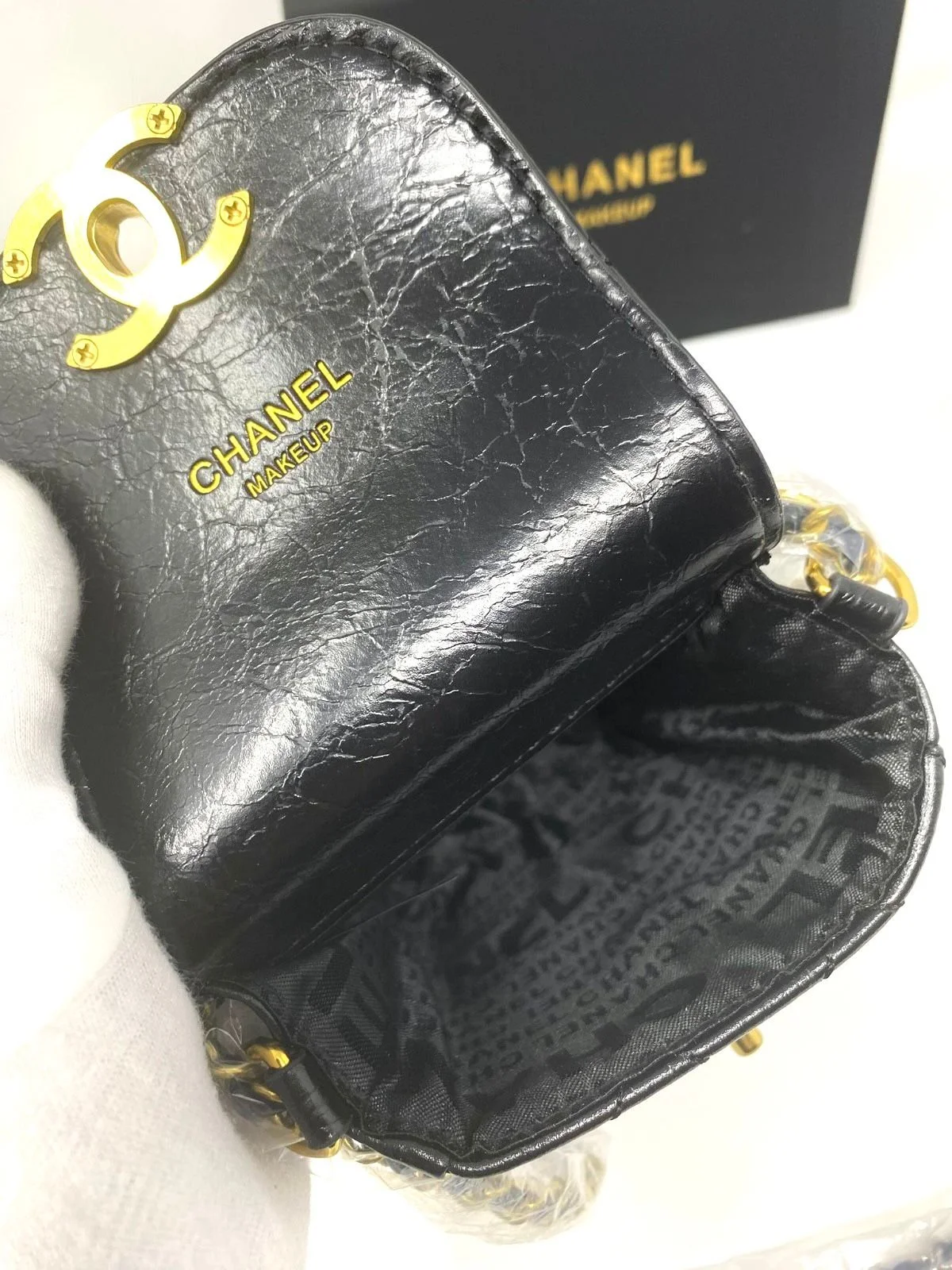 CHANEL Beauty Black Wax Leather-Like Makeup Bag on Chain + Tweed Pouch Set (VIP Gift)  Phone Bag and Purse With Logo Box