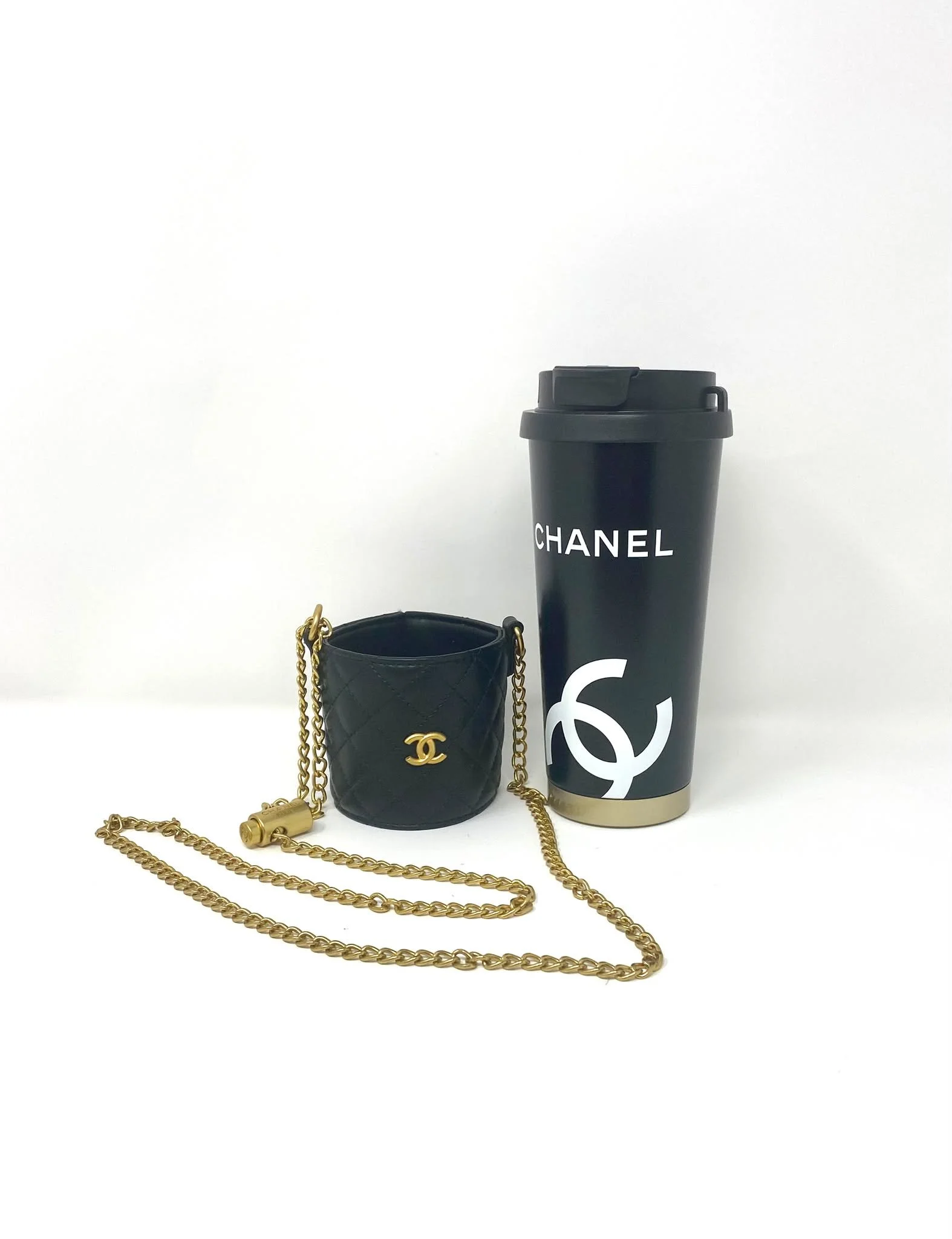 CHANEL Beauty Black Thermal Mug & Holder Set with Chain Black Quilted (VIP Gift) with Box