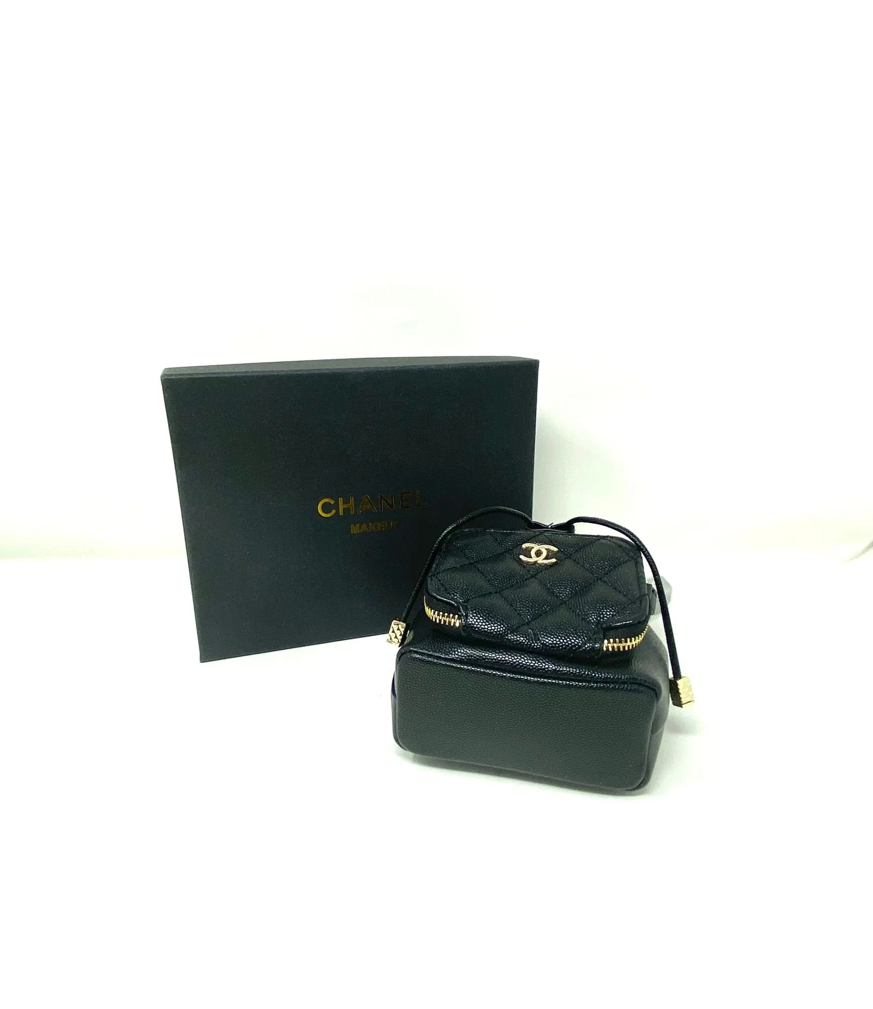 CHANEL Beauty Black Mini Bucket Makeup Bag with Purse Pocket on Chain, VIP Gift with Box, Made in Italy