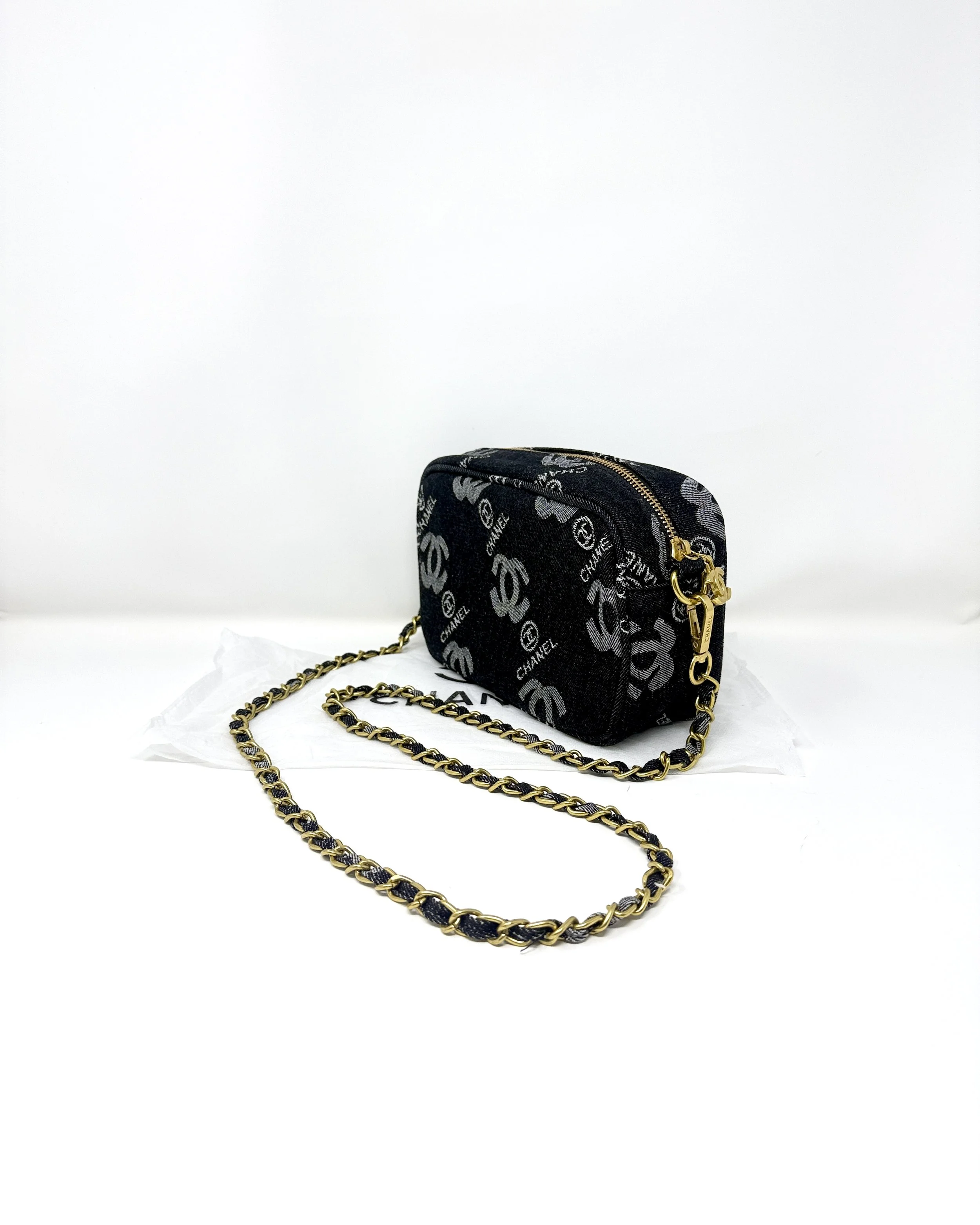 CHANEL Beauty Black Denim Makeup Bag with Gold-toned Chain Strap (VIP Gift) Made in Italy