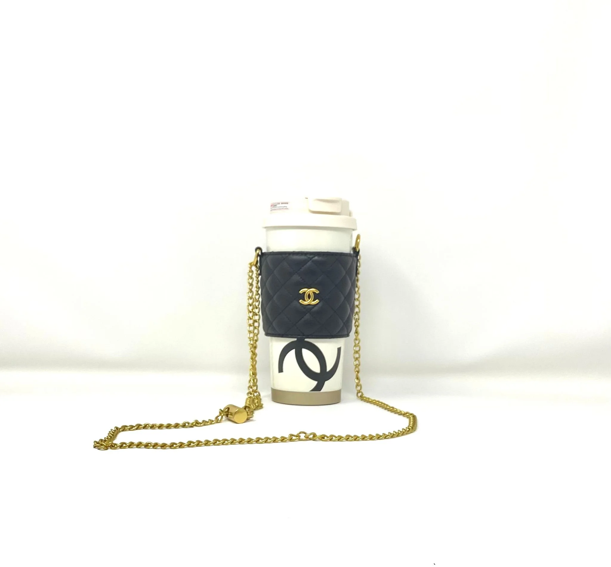 CHANEL Beauty White Thermal Mug & Holder Set with Chain Black Quilted (VIP Gift) with Box