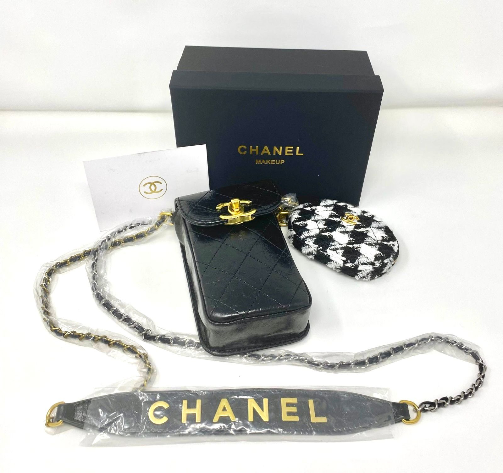 CHANEL Beauty Black Wax Leather-Like Makeup Bag on Chain + Tweed Pouch Set (VIP Gift)  Phone Bag and Purse With Logo Box