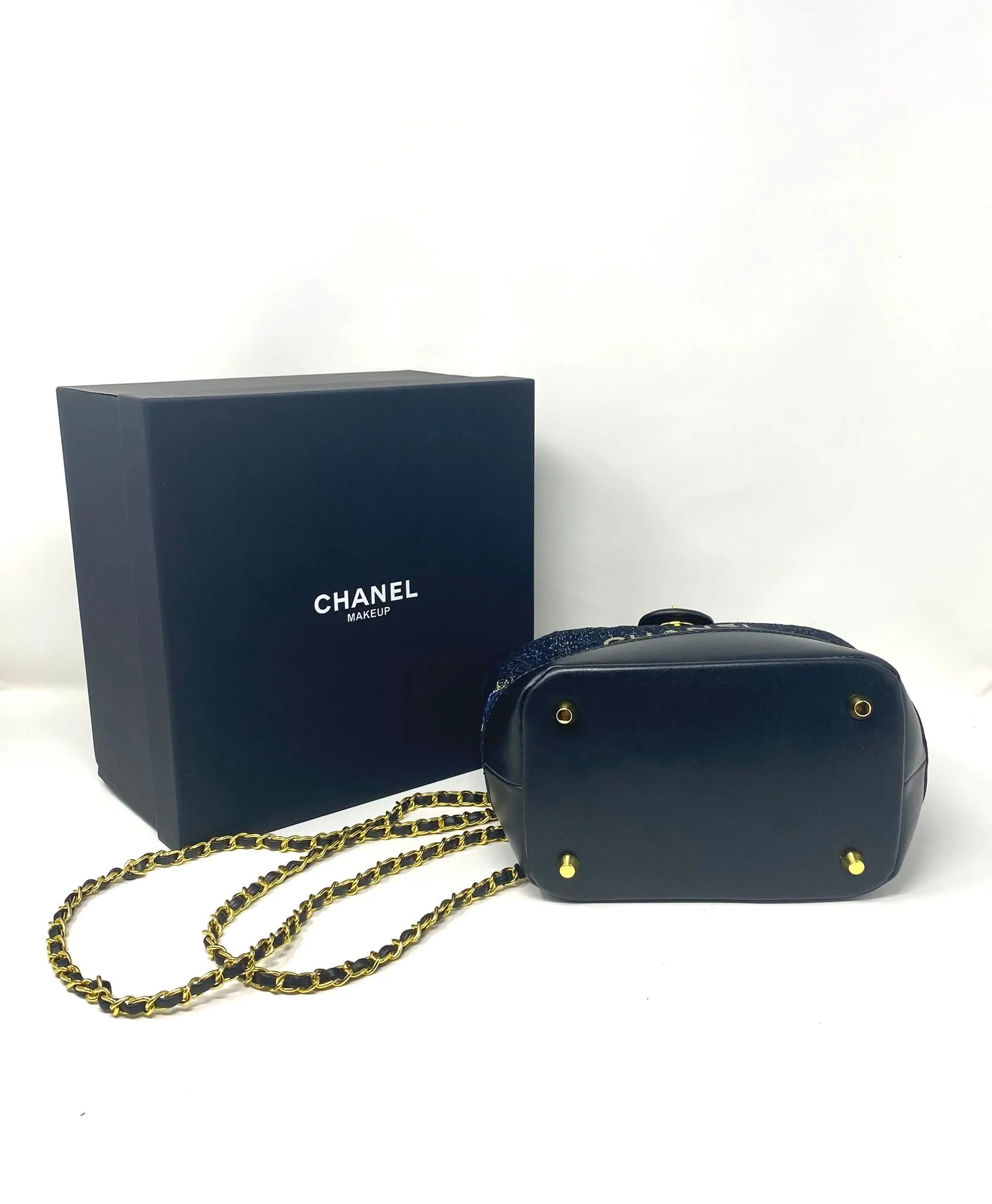 CHANEL Beauty Blue Tweed Drawstring Backpack / Bucket Bag with Gold-Tone Chain (VIP Gift with Box)