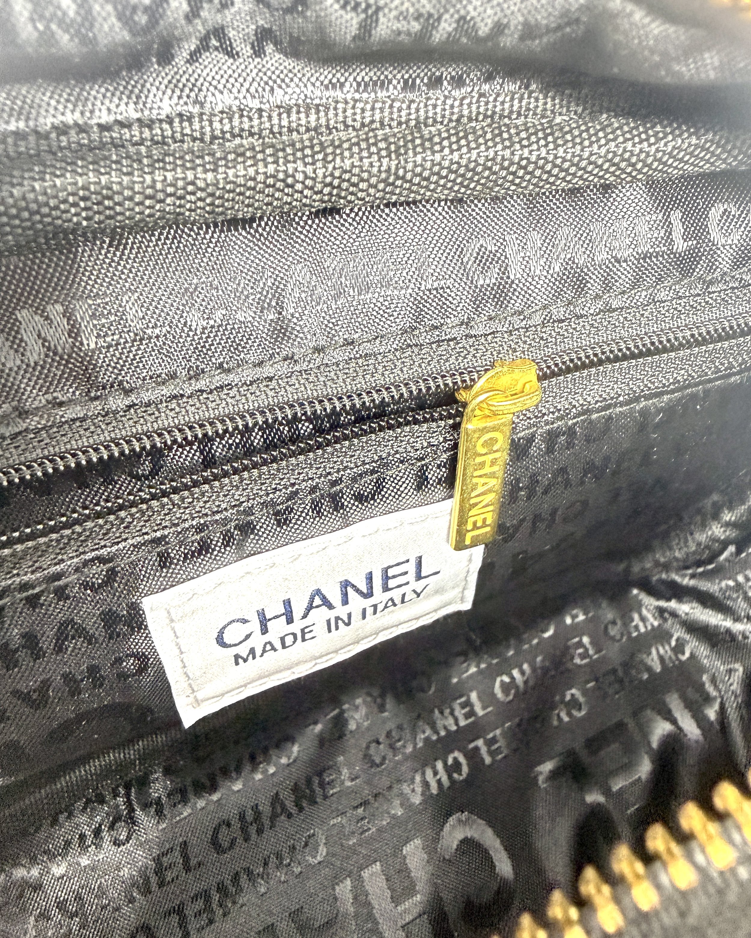 CHANEL Beauty Black Denim Makeup Bag with Gold-toned Chain Strap (VIP Gift) Made in Italy