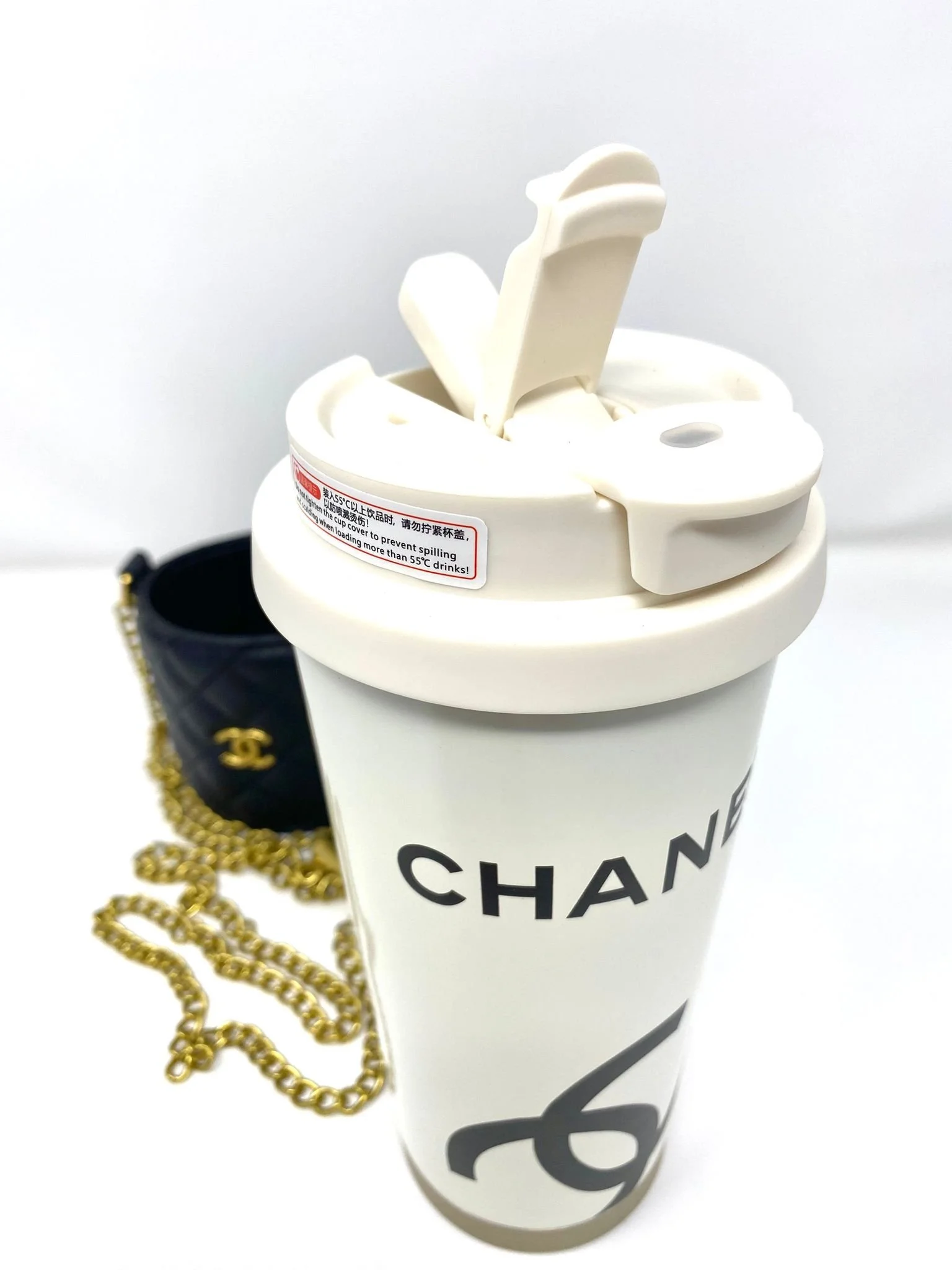 CHANEL Beauty White Thermal Mug & Holder Set with Chain Black Quilted (VIP Gift) with Box