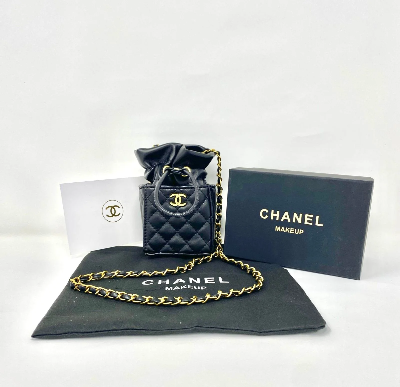 CHANEL Black Matelassé Quilted Mini Makeup Bag on Chain – (VIP Gift with Box) Made in Italy, Beauty Pouch