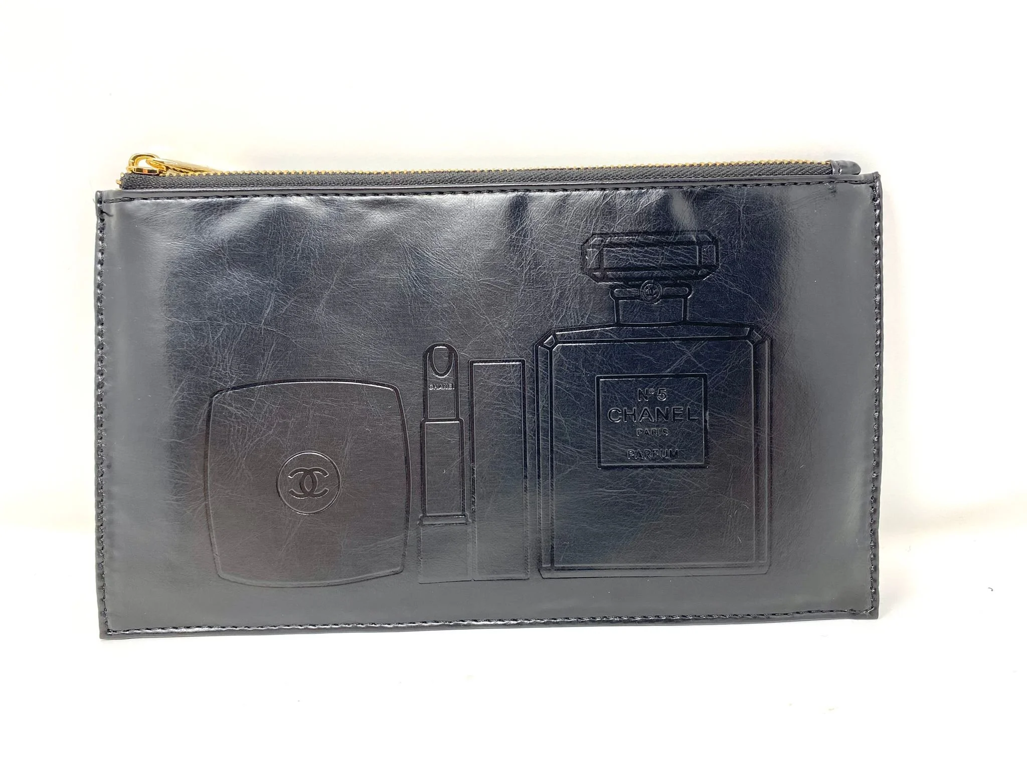 CHANEL Black Beauty Makeup Bag – Limited Edition VIP Gift (with Box), CC Logo Zip, Embossed beauty icons