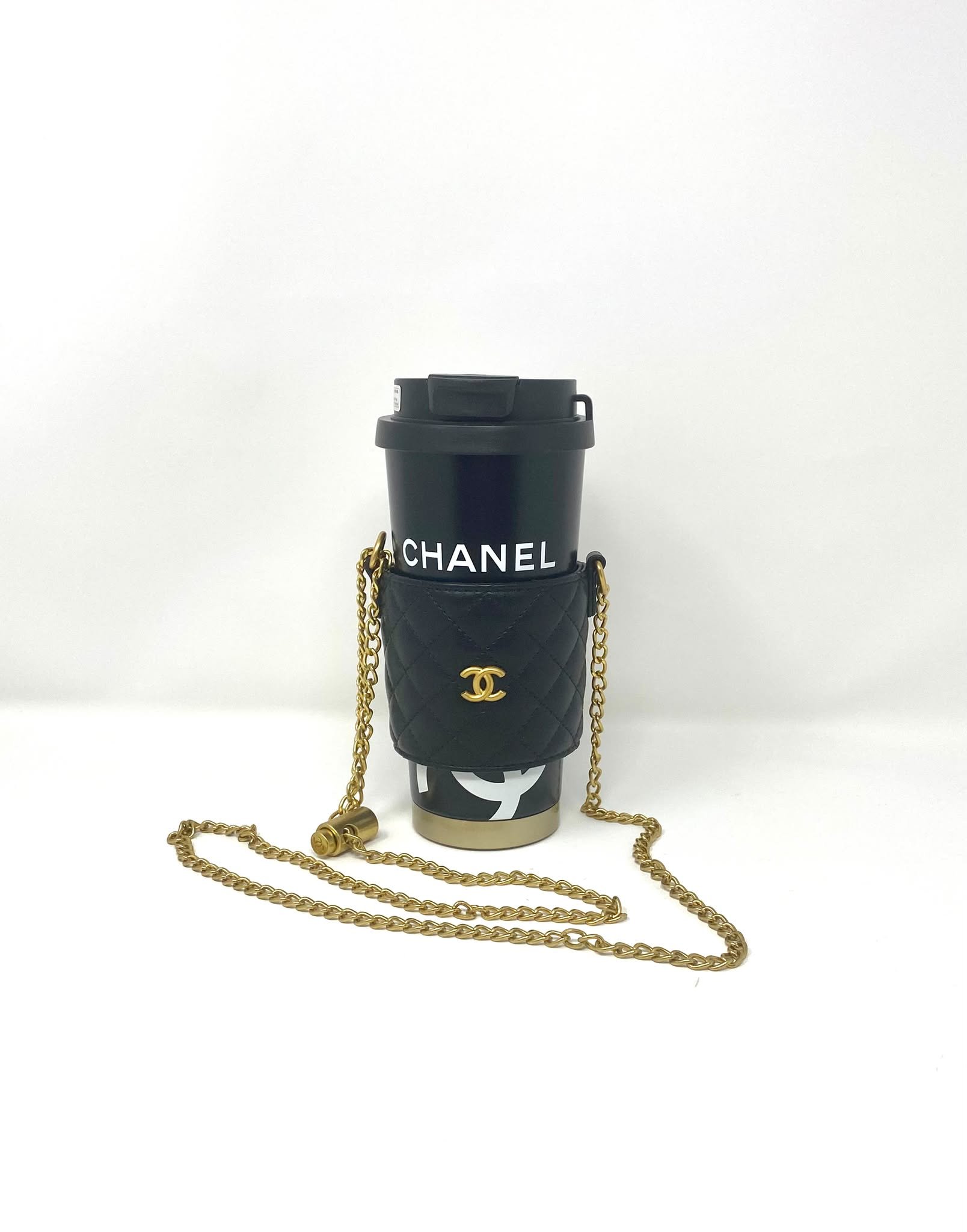 CHANEL Beauty Black Thermal Mug & Holder Set with Chain Black Quilted (VIP Gift) with Box