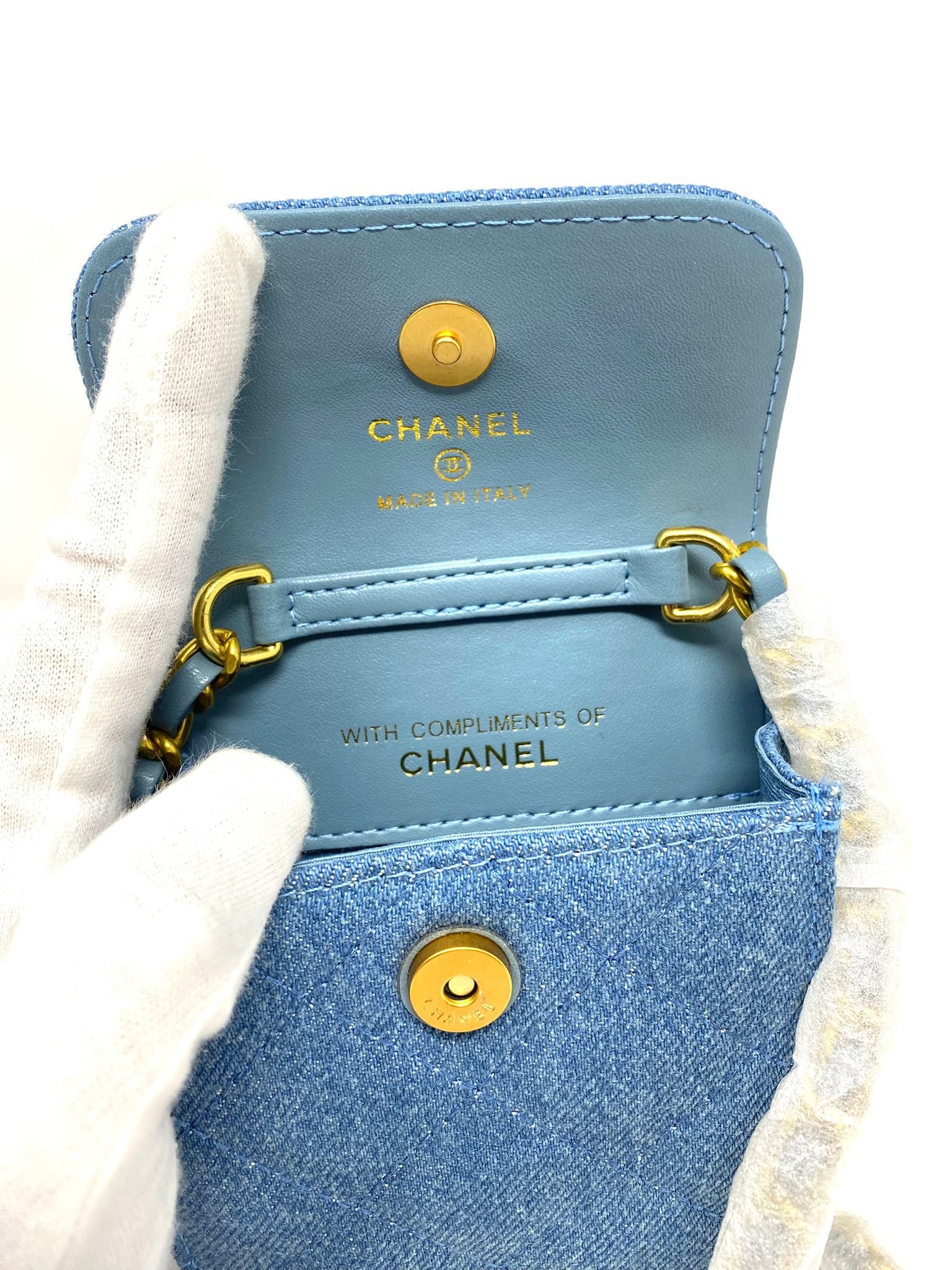 CHANEL Beauty Blue Denim Makeup Bag with Gold-toned Chain (VIP Gift with Box) Made in Italy