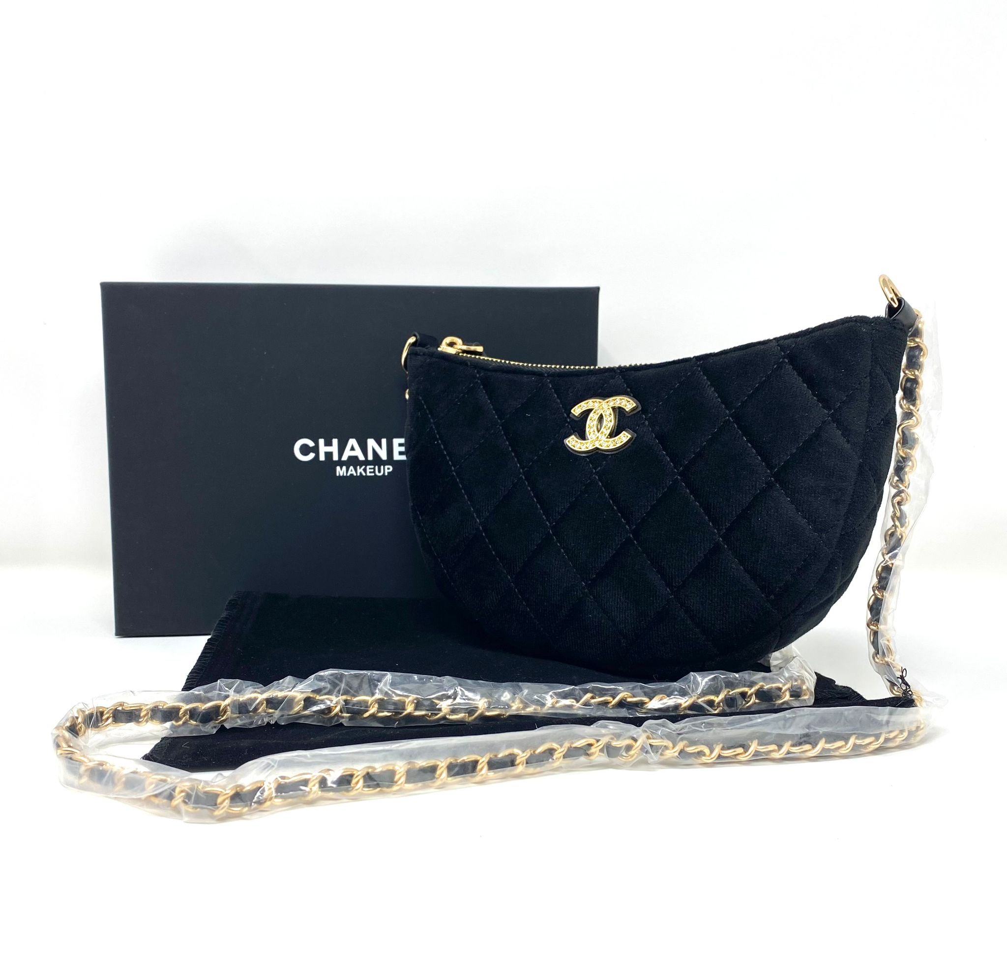 CHANEL Black Velvet Quilted Beauty Makeup Bag on Chain (VIP Gift with Box) Made in Italy