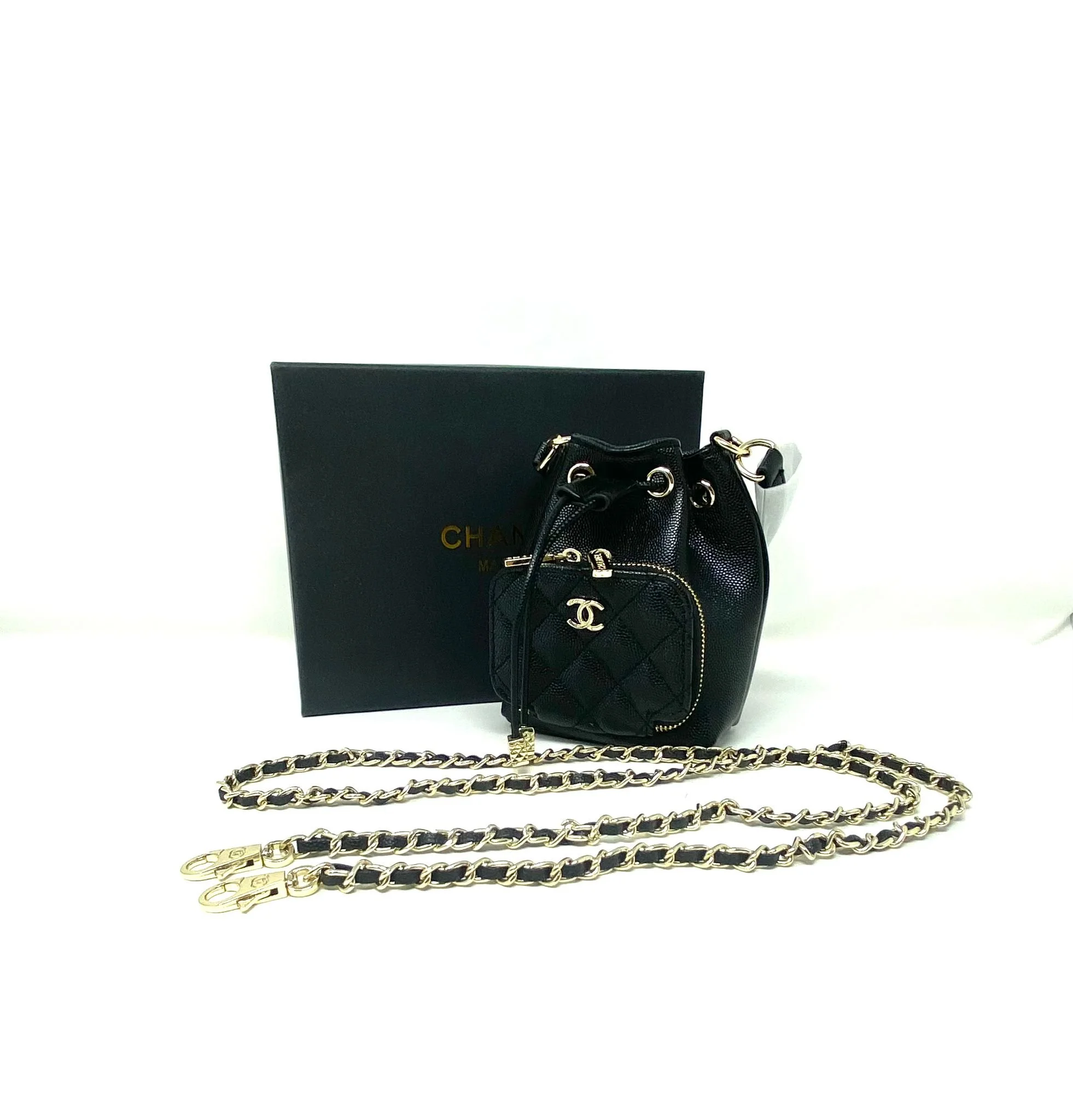 CHANEL Beauty Black Mini Bucket Makeup Bag with Purse Pocket on Chain, VIP Gift with Box, Made in Italy