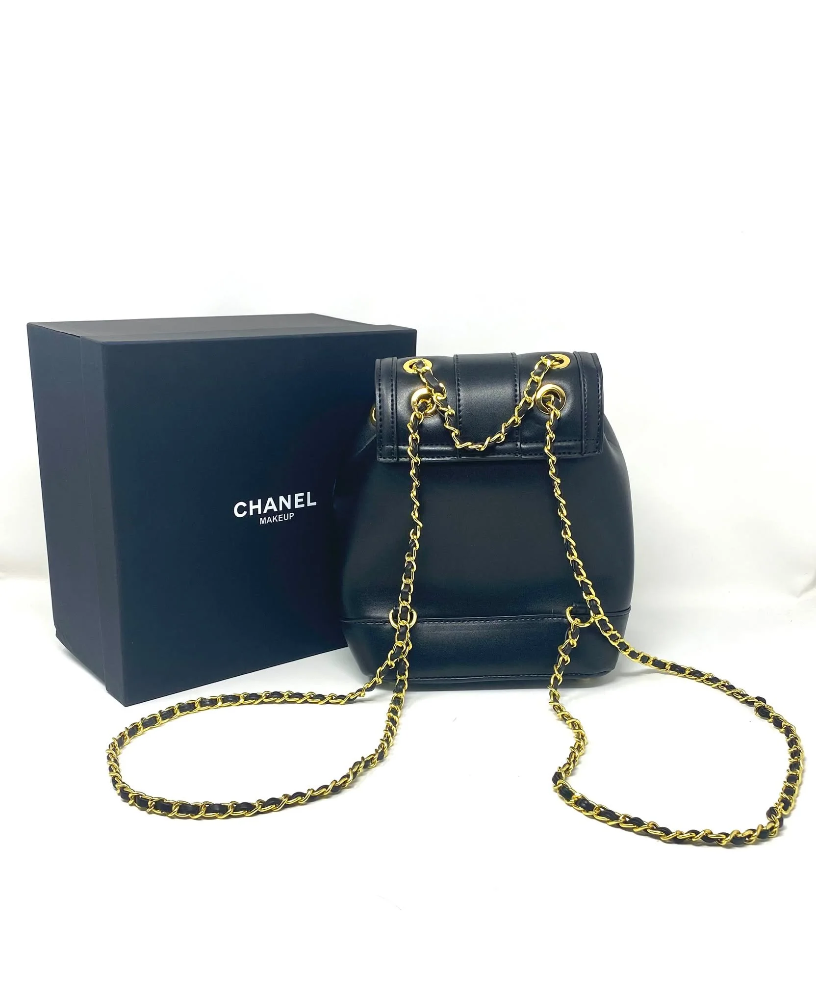CHANEL Beauty Blue Tweed Drawstring Backpack / Bucket Bag with Gold-Tone Chain (VIP Gift with Box)