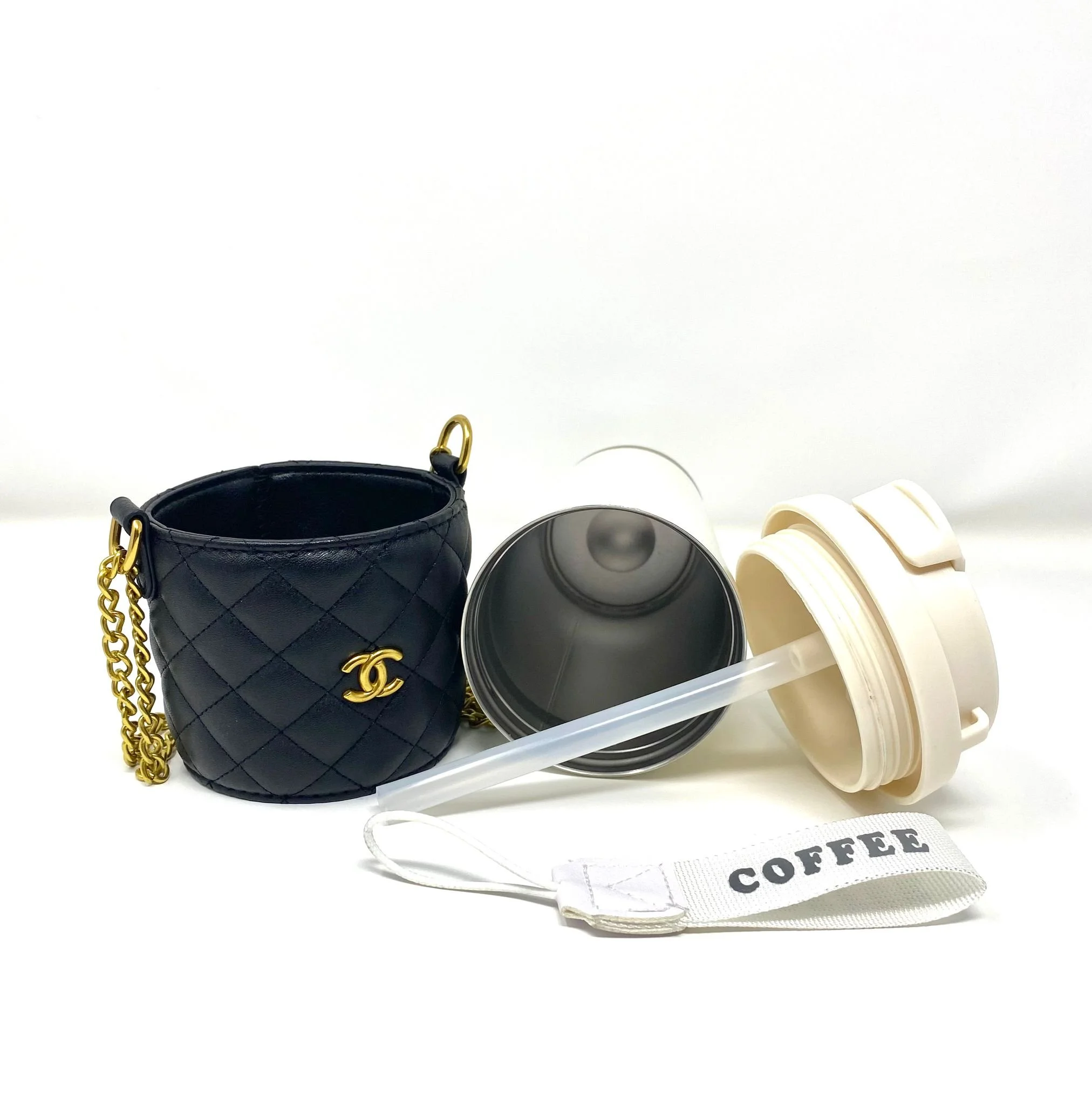 CHANEL Beauty White Thermal Mug & Holder Set with Chain Black Quilted (VIP Gift) with Box