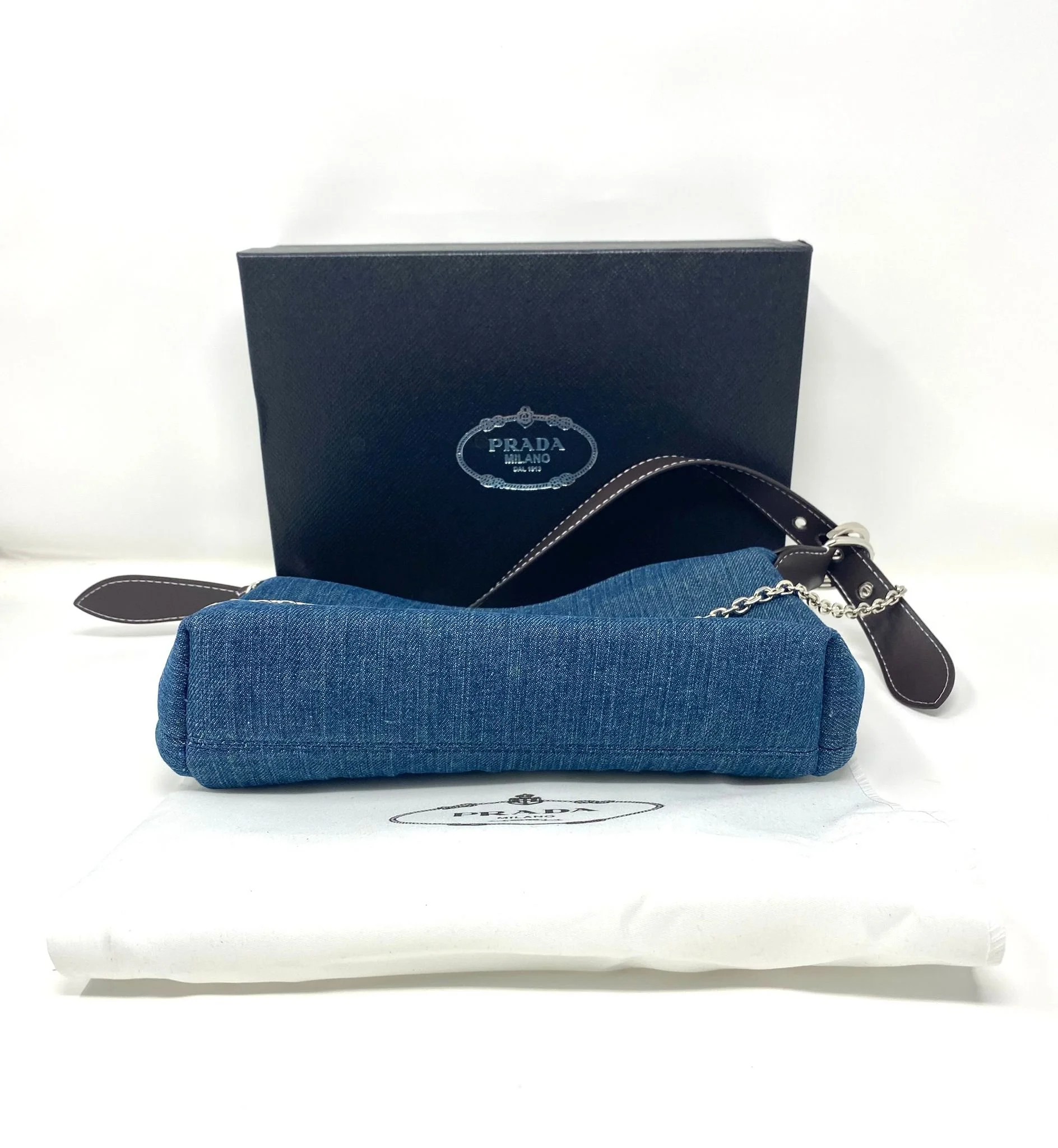 PRADA Milano Denim Shoulder Bag, Blue Canvas Mini Baguette Pochette, Silver Chain Strap, Adjustable Leather Handle, Boxed