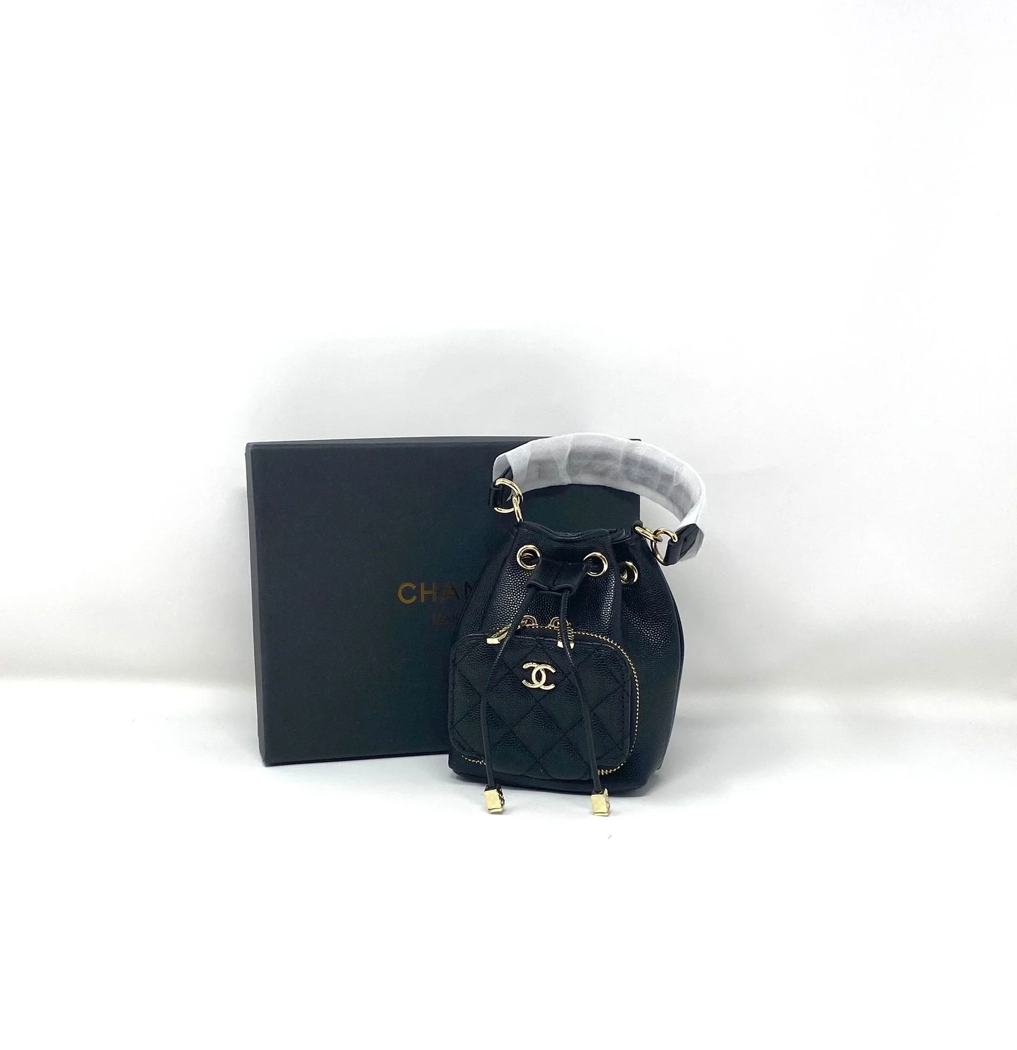 CHANEL Beauty Black Mini Bucket Makeup Bag with Purse Pocket on Chain, VIP Gift with Box, Made in Italy