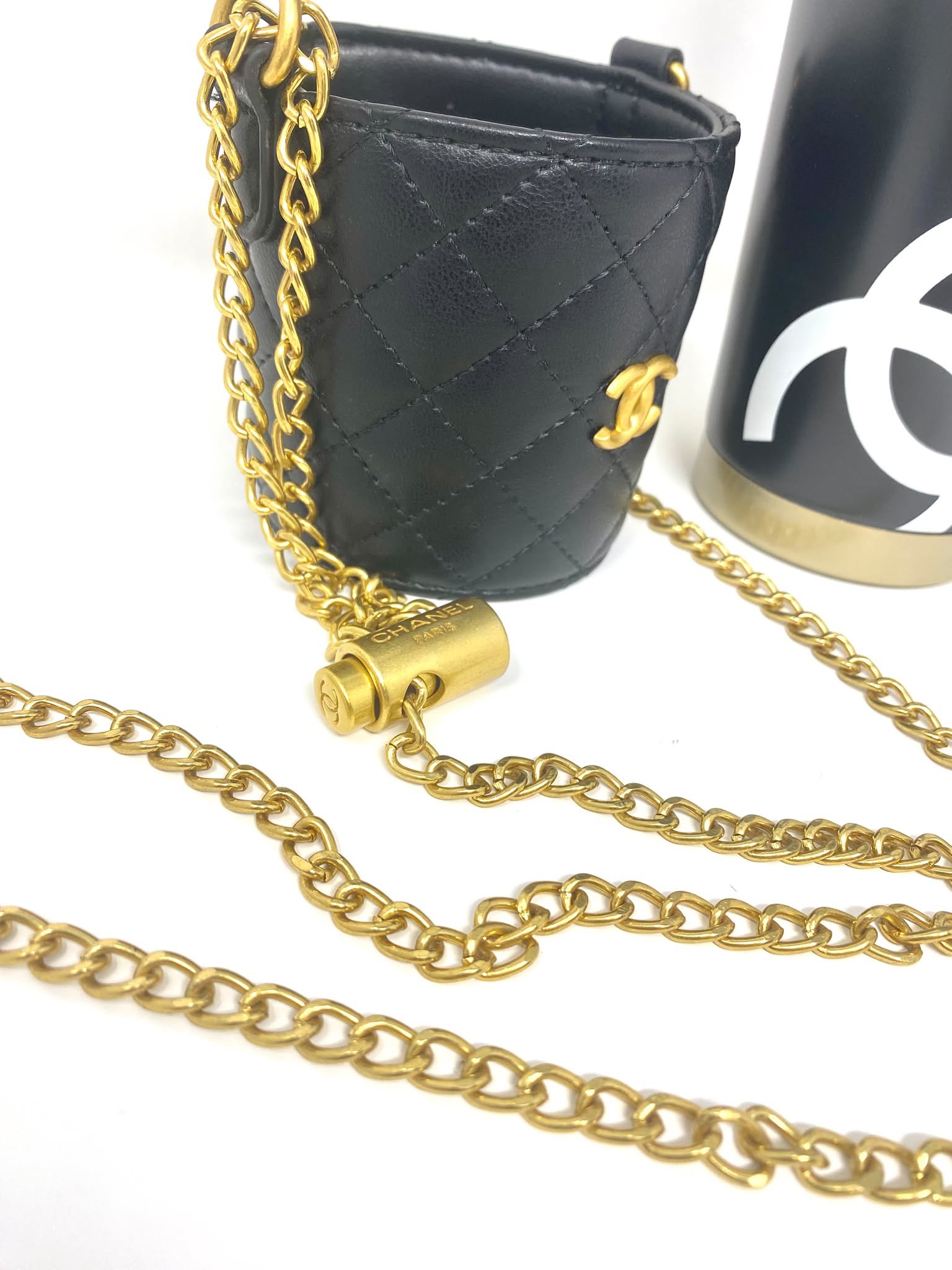 CHANEL Beauty Black Thermal Mug & Holder Set with Chain Black Quilted (VIP Gift) with Box