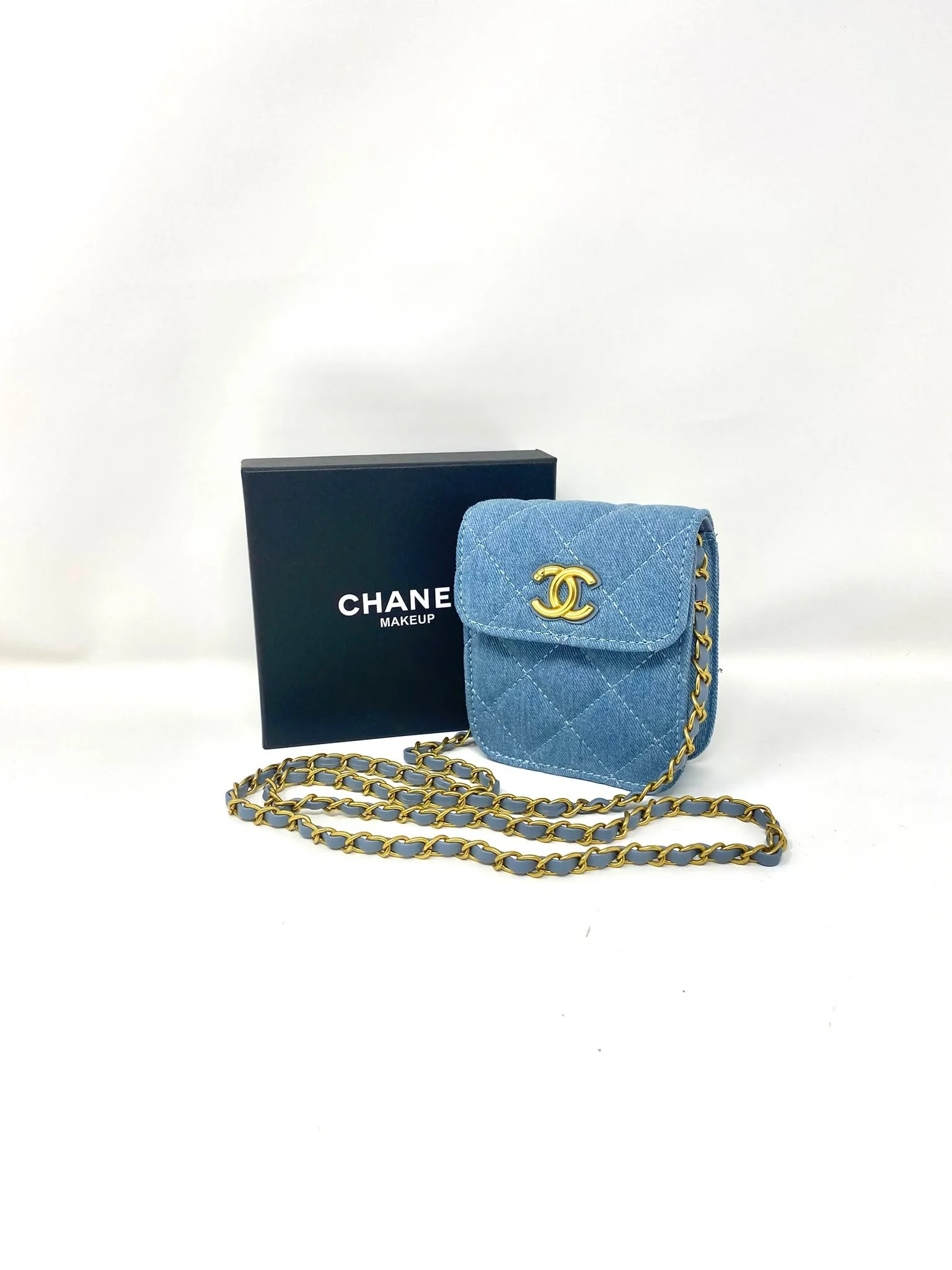 CHANEL Beauty Blue Denim Makeup Bag with Gold-toned Chain (VIP Gift with Box) Made in Italy