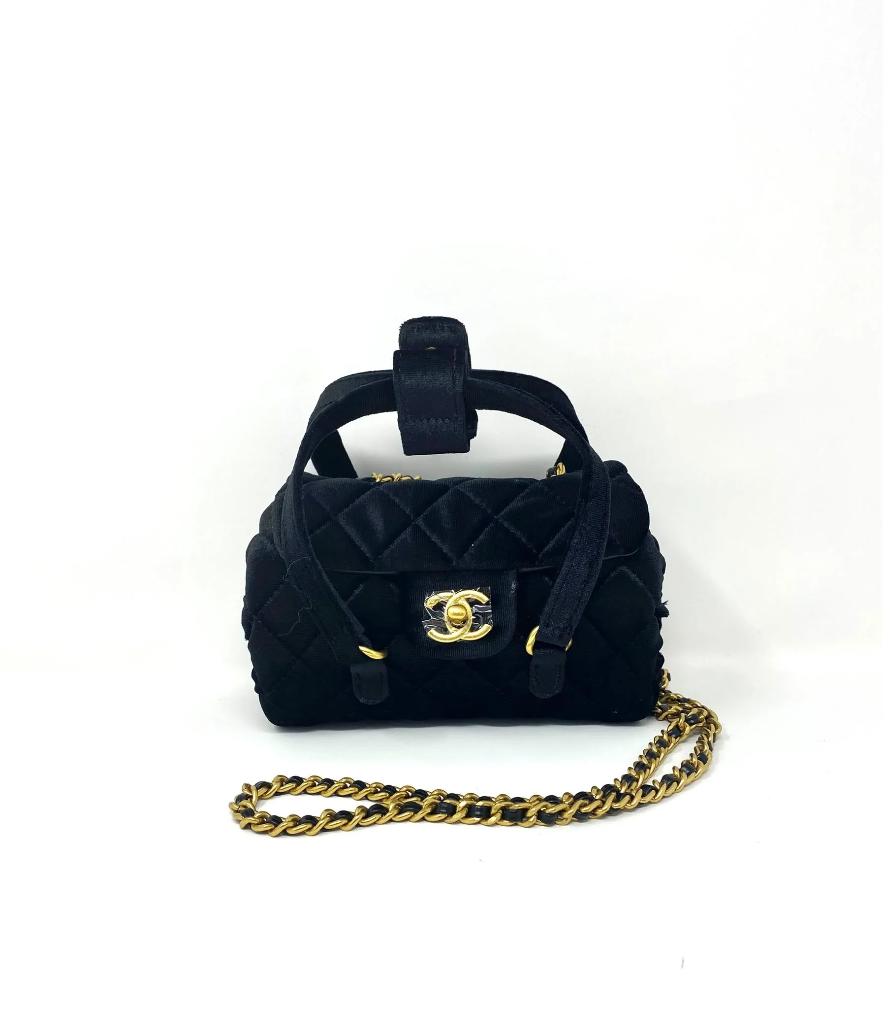 CHANEL Beauty Black Velvet Matelassé Quilted Cylinder Bag on Chain with Box (VIP Gift) Made in Italy