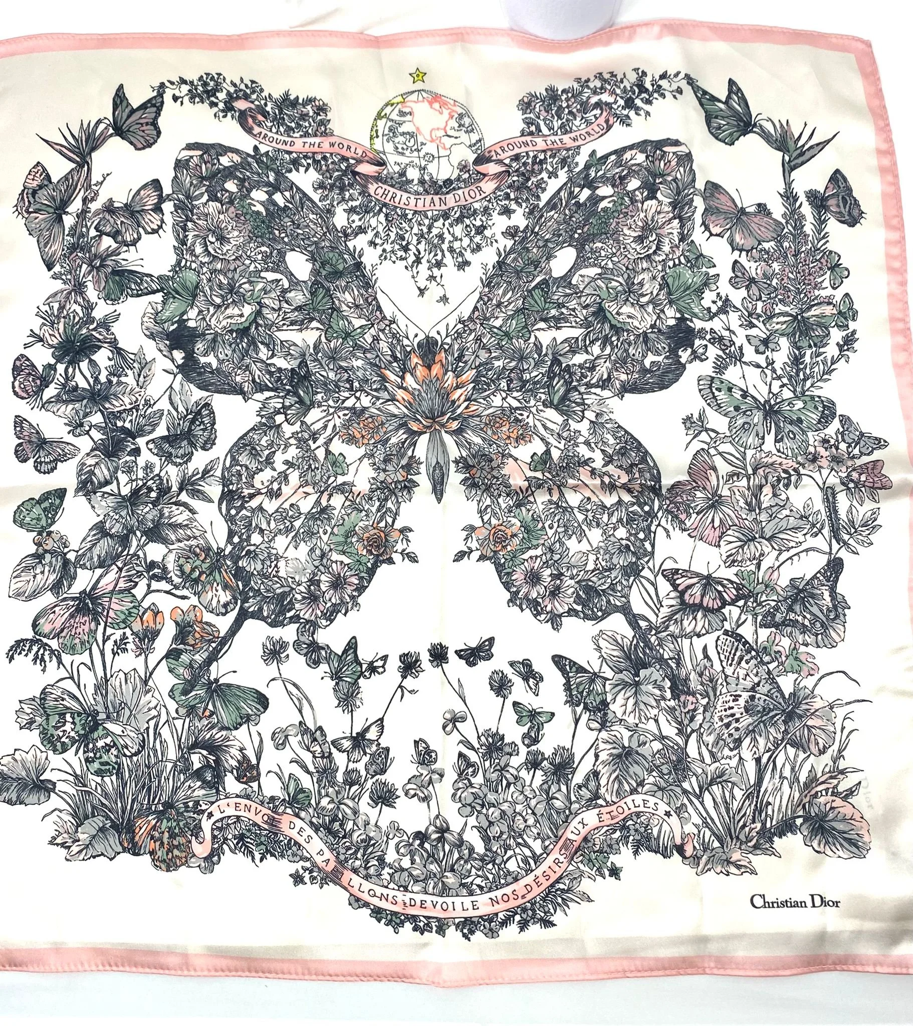 Christian Dior Beauty Pink Butterfly Square 100% Silk Scarf (VIP Gift) Made in Italy