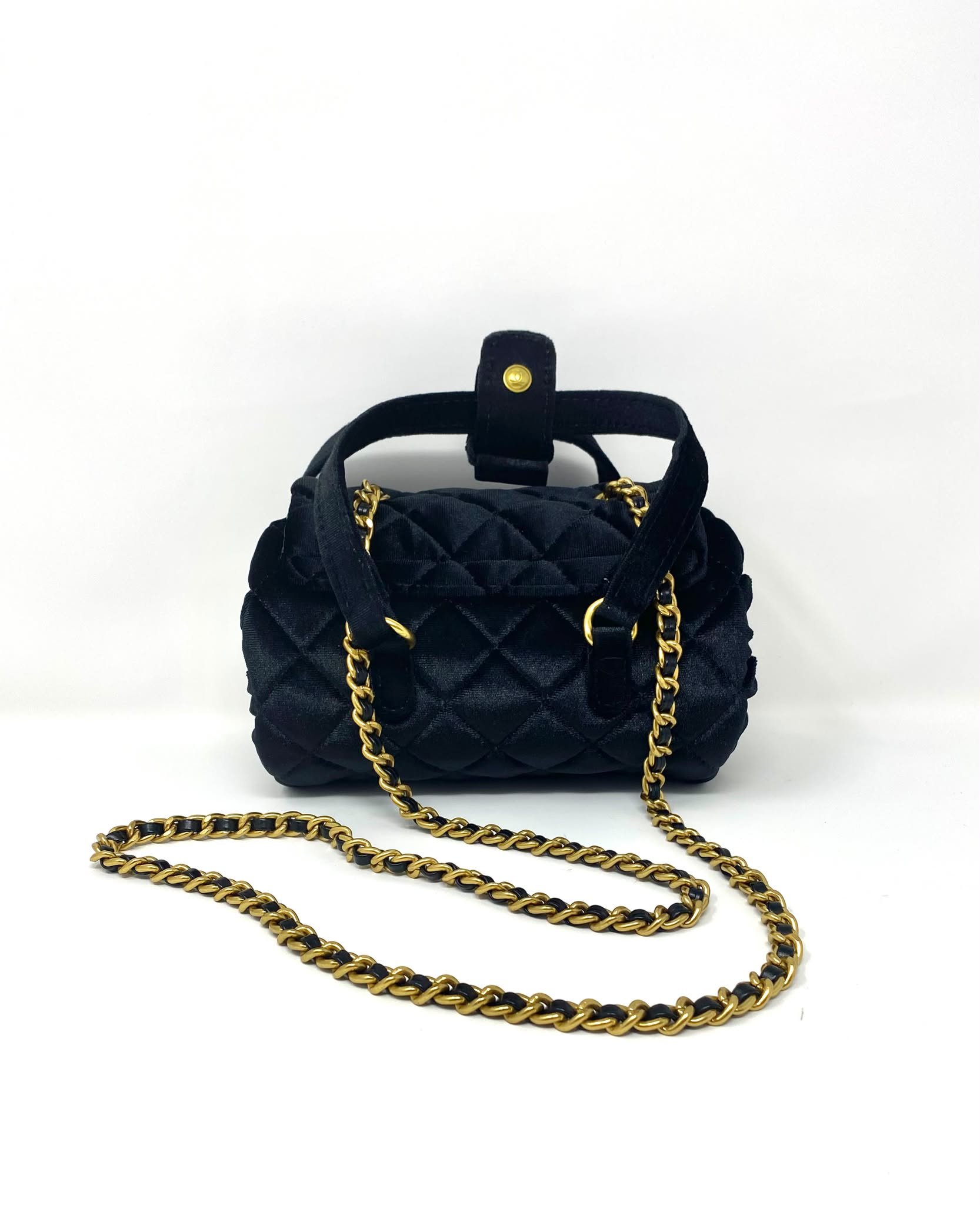 CHANEL Beauty Black Velvet Matelassé Quilted Cylinder Bag on Chain with Box (VIP Gift) Made in Italy
