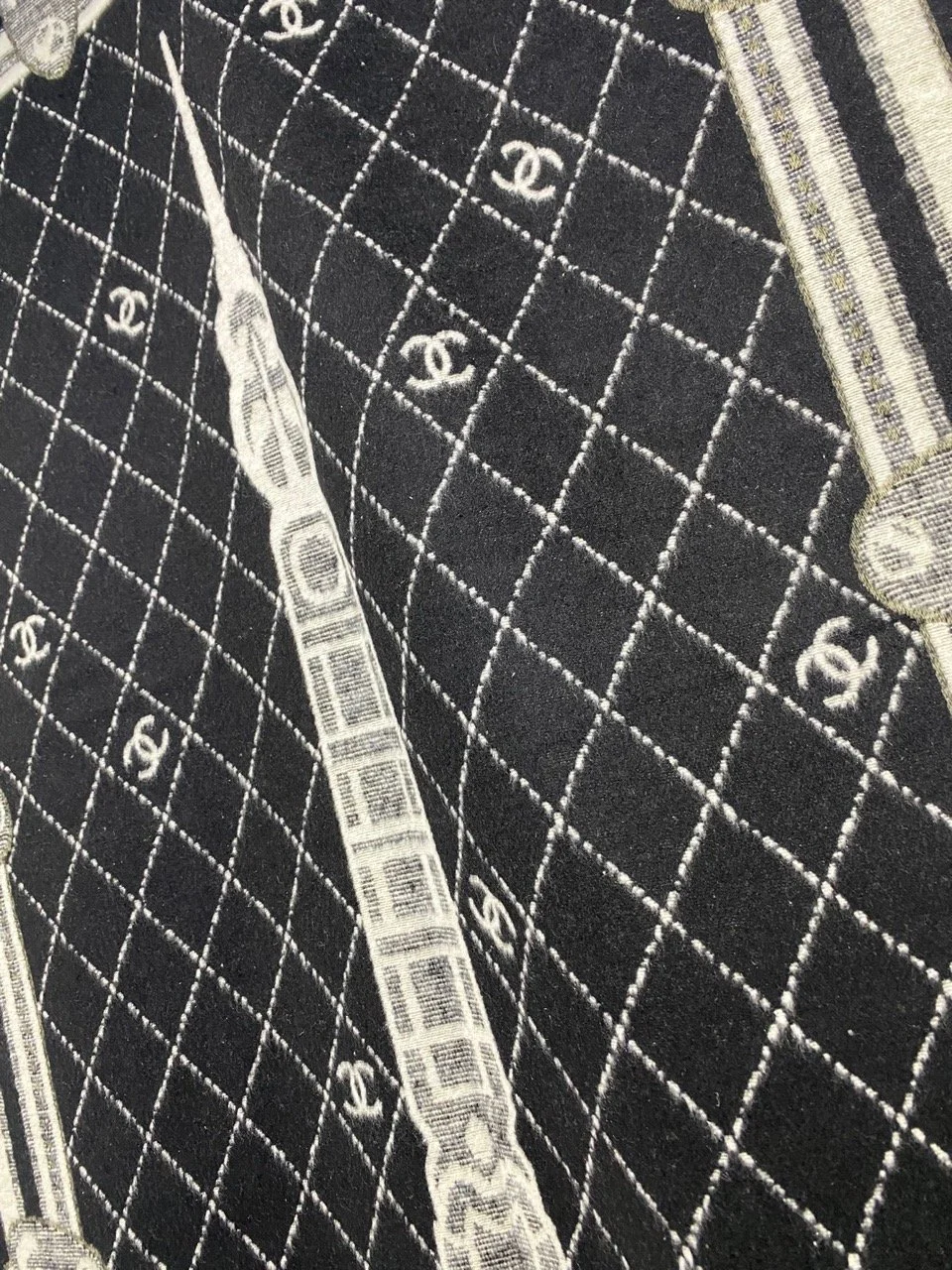 Large CHANEL Beauty Black & Ivory Cashmere Silk Scarf Made in France – Eiffel Tower_CC Logo, New with Tag_Box (VIP Gift) 65cm x 195cm