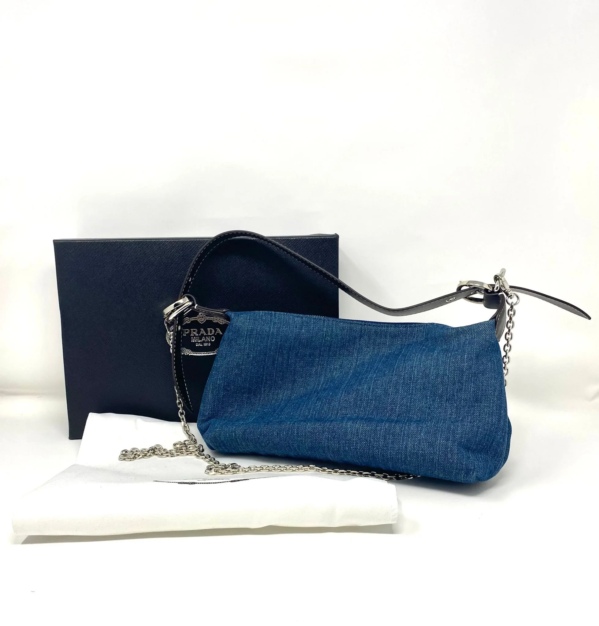 PRADA Milano Denim Shoulder Bag, Blue Canvas Mini Baguette Pochette, Silver Chain Strap, Adjustable Leather Handle, Boxed