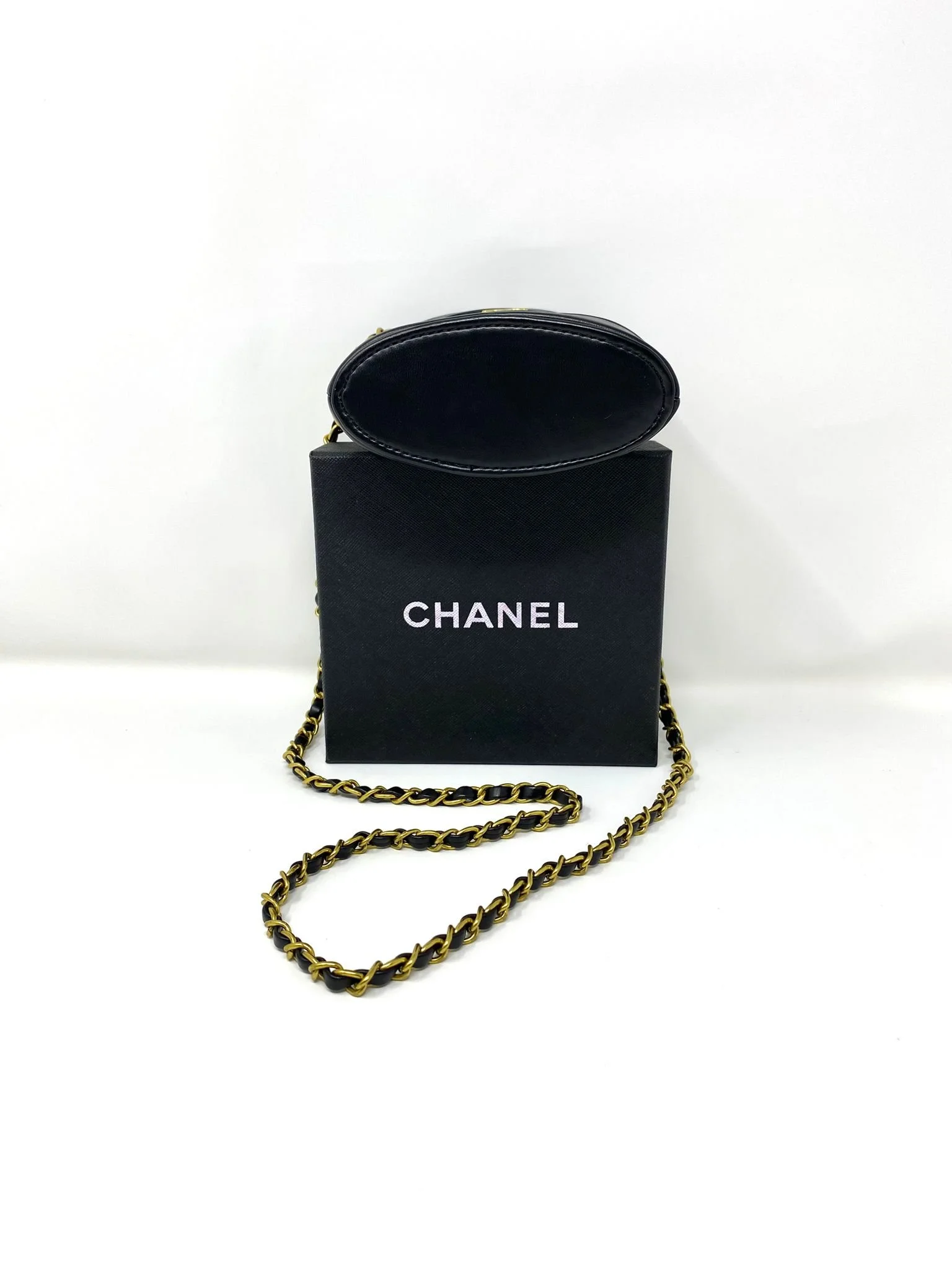 CHANEL Beauty Black Matelassé Quilted Mini Makeup Bag on Chain with Box (VIP Gift) Made in France