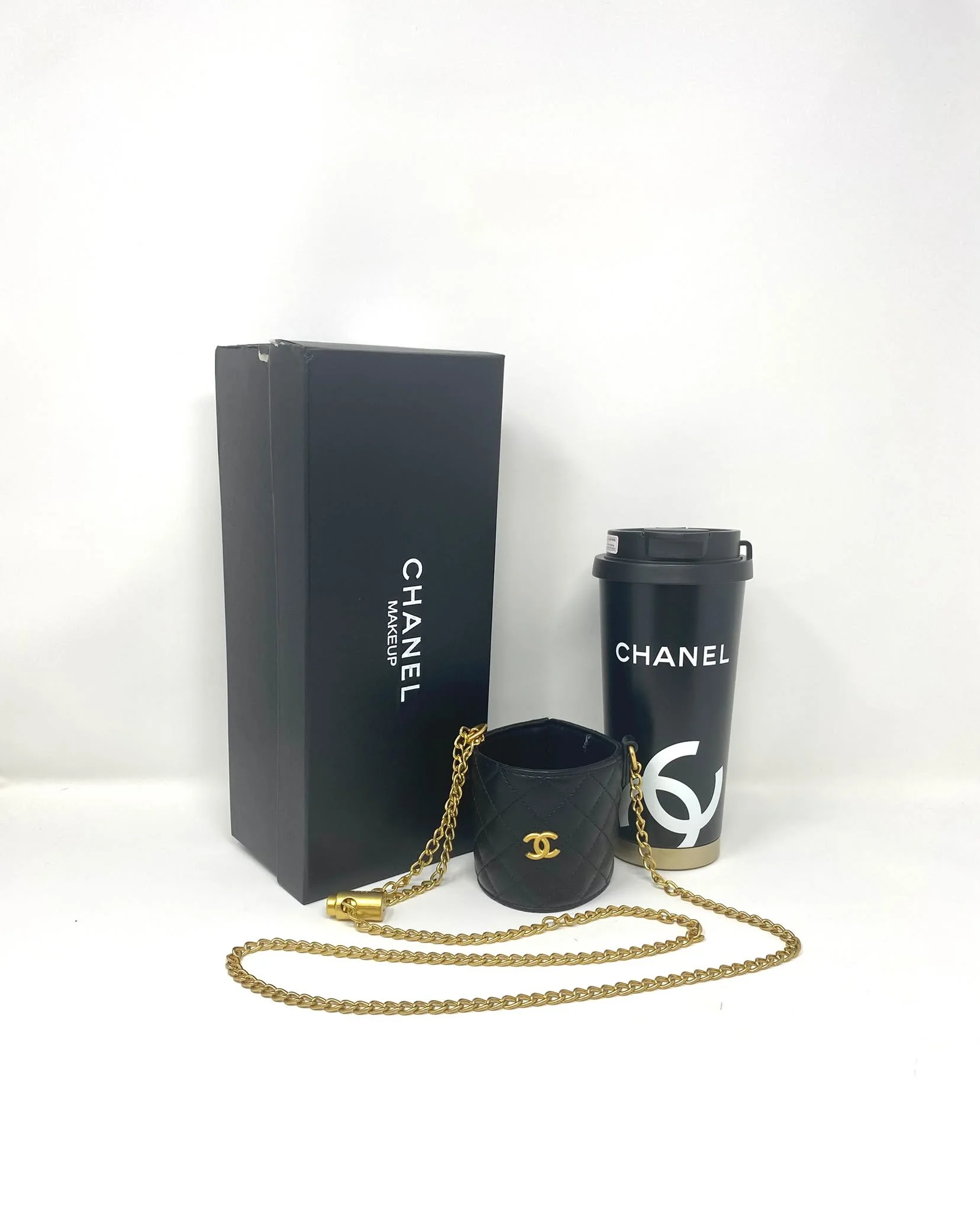 CHANEL Beauty Black Thermal Mug & Holder Set with Chain Black Quilted (VIP Gift) with Box