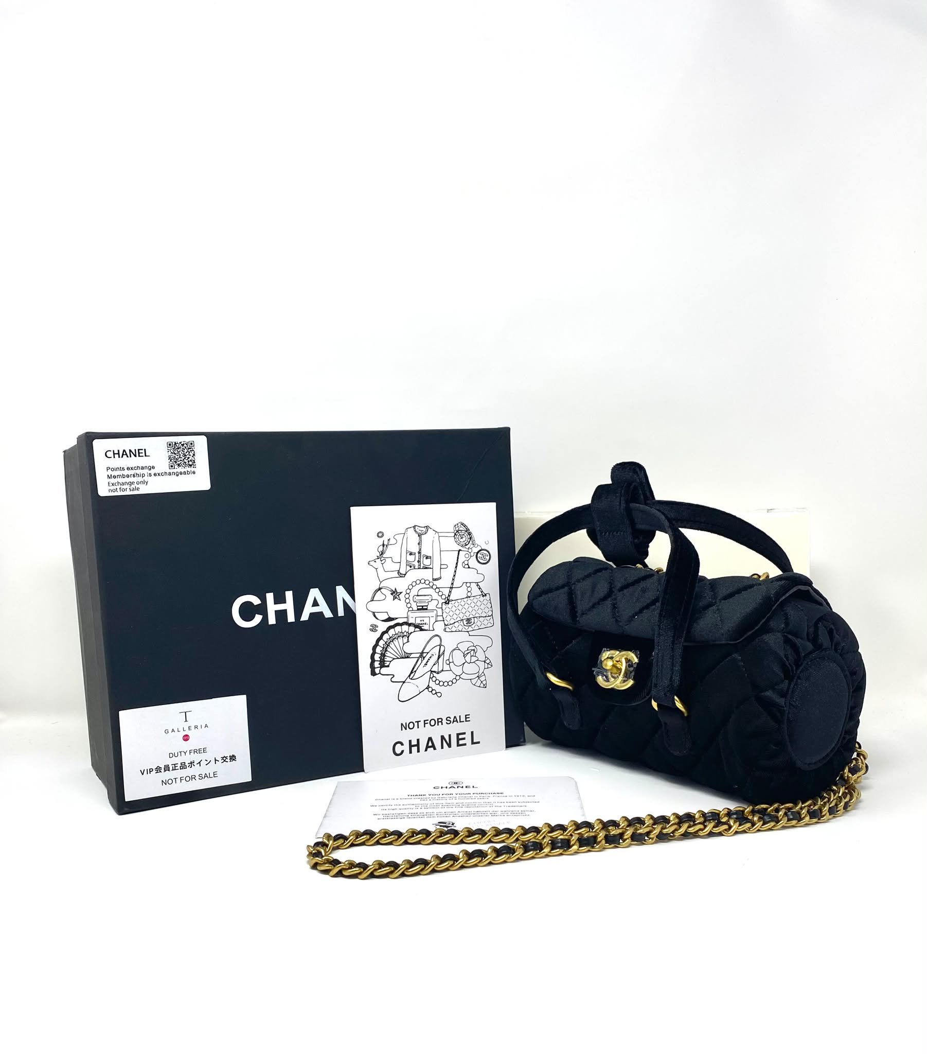 CHANEL Beauty Black Velvet Matelassé Quilted Cylinder Bag on Chain with Box (VIP Gift) Made in Italy