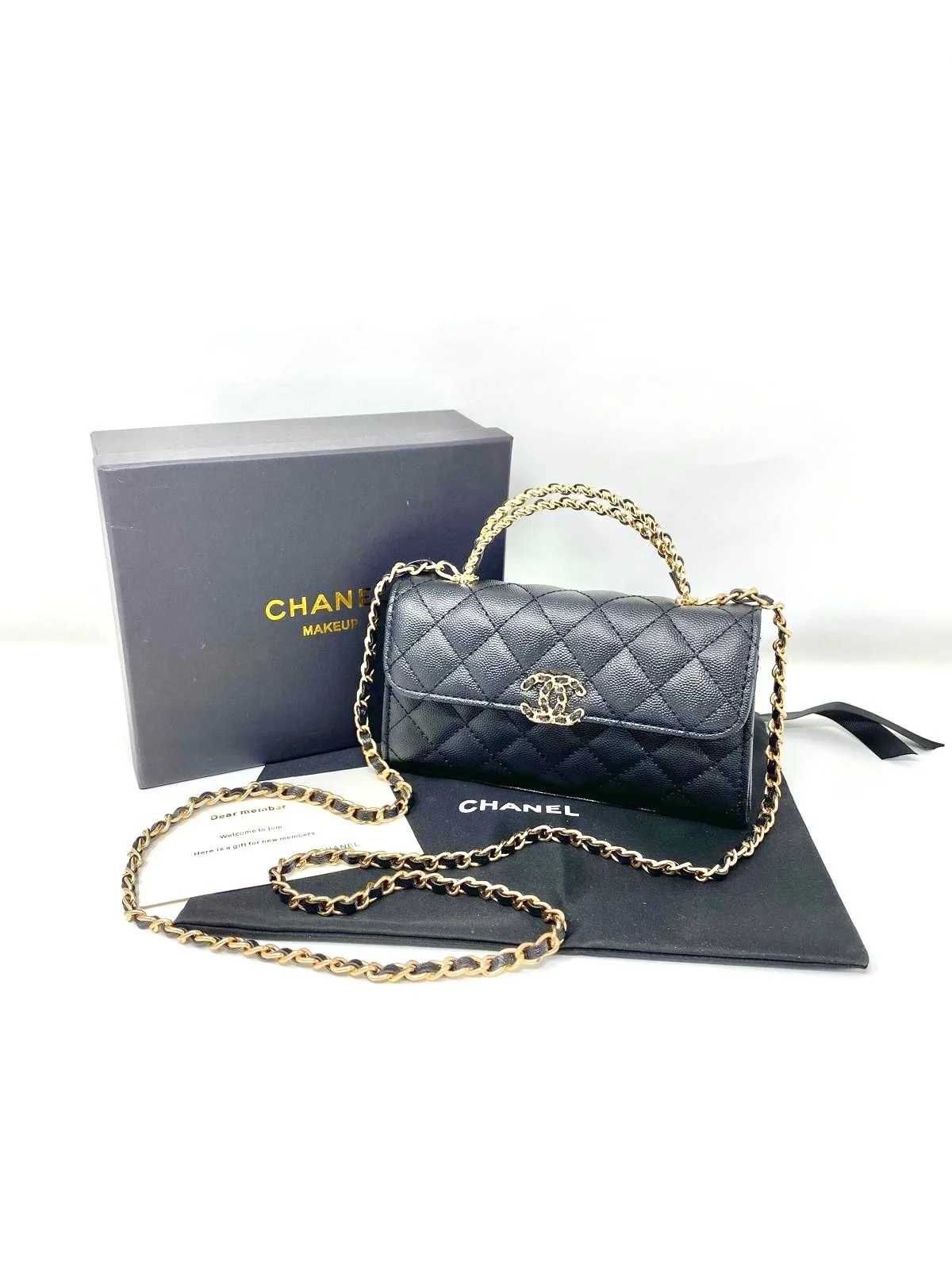 CHANEL Beauty Black Quilted Makeup Bag with Chain (VIP Gift/Box) Made in Italy