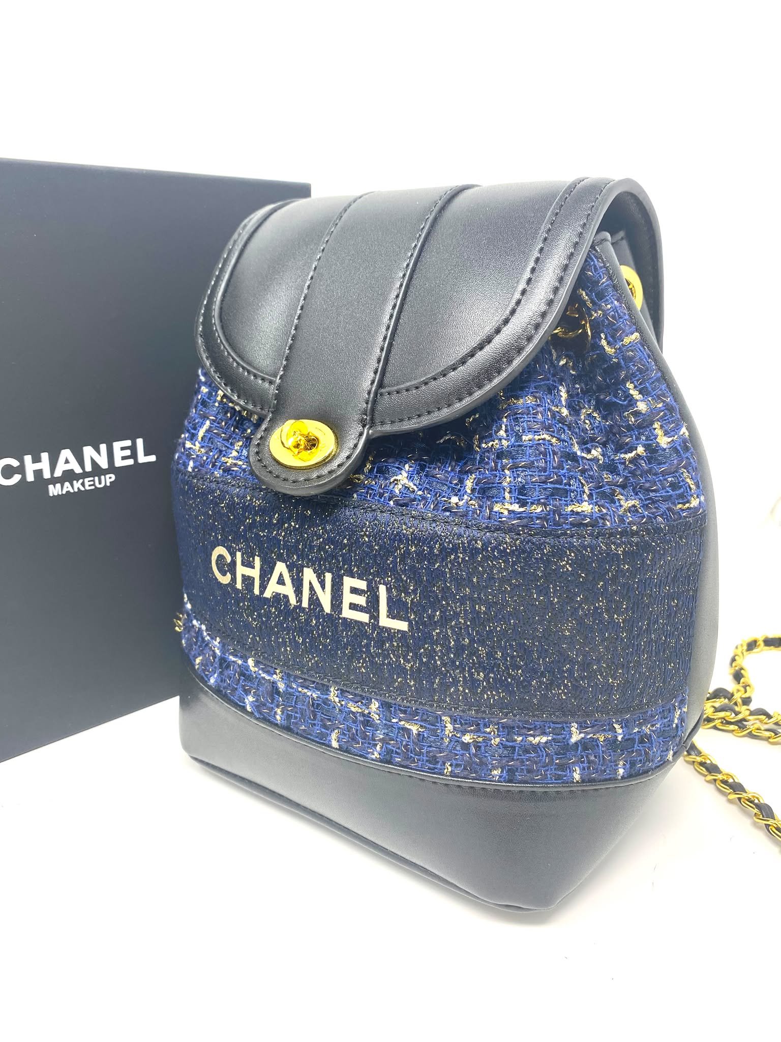 CHANEL Beauty Blue Tweed Drawstring Backpack / Bucket Bag with Gold-Tone Chain (VIP Gift with Box)