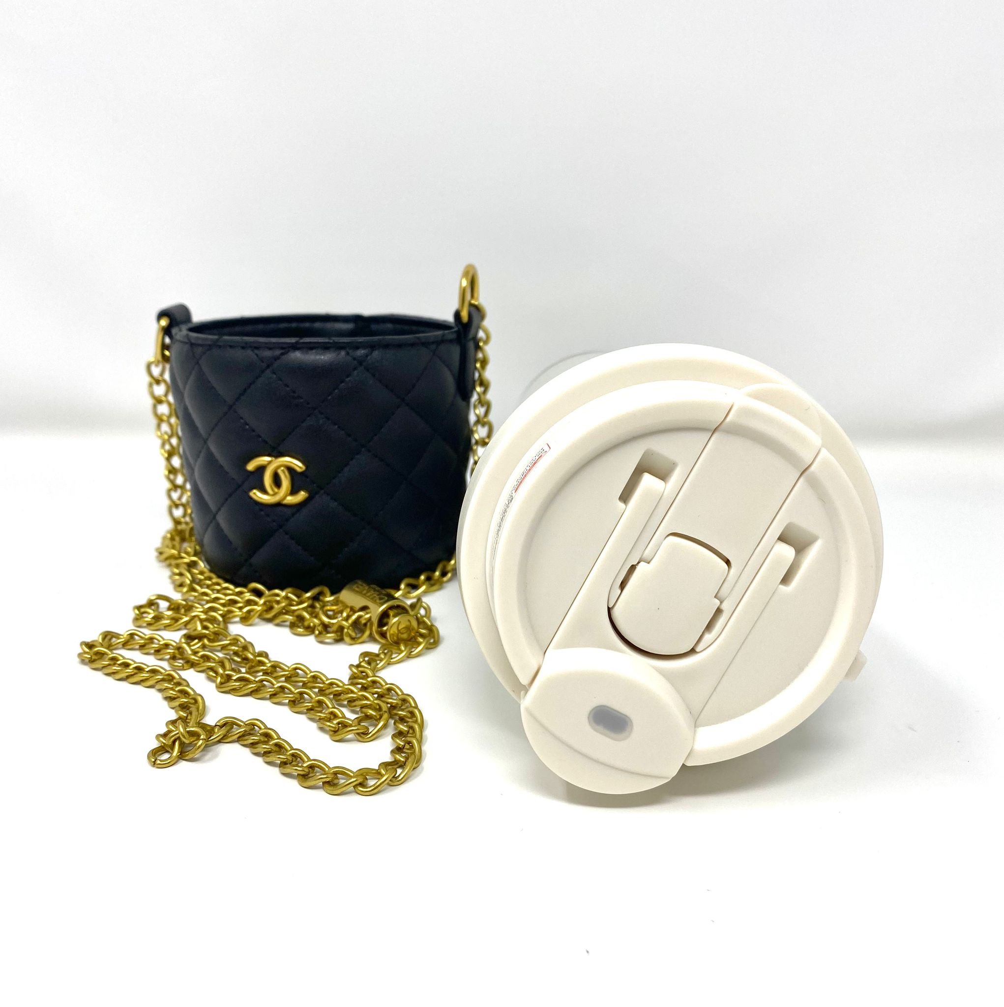CHANEL Beauty White Thermal Mug & Holder Set with Chain Black Quilted (VIP Gift) with Box