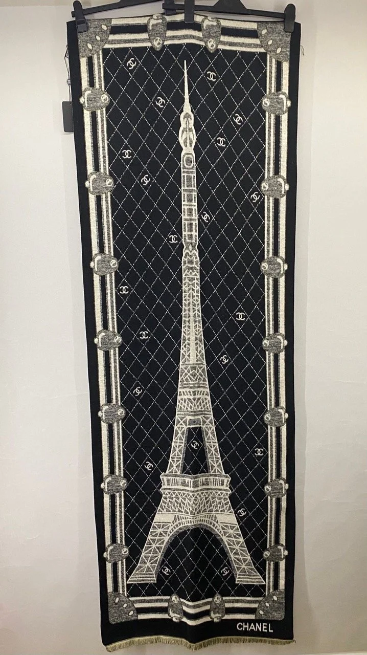 Large CHANEL Beauty Black & Ivory Cashmere Silk Scarf Made in France – Eiffel Tower_CC Logo, New with Tag_Box (VIP Gift) 65cm x 195cm