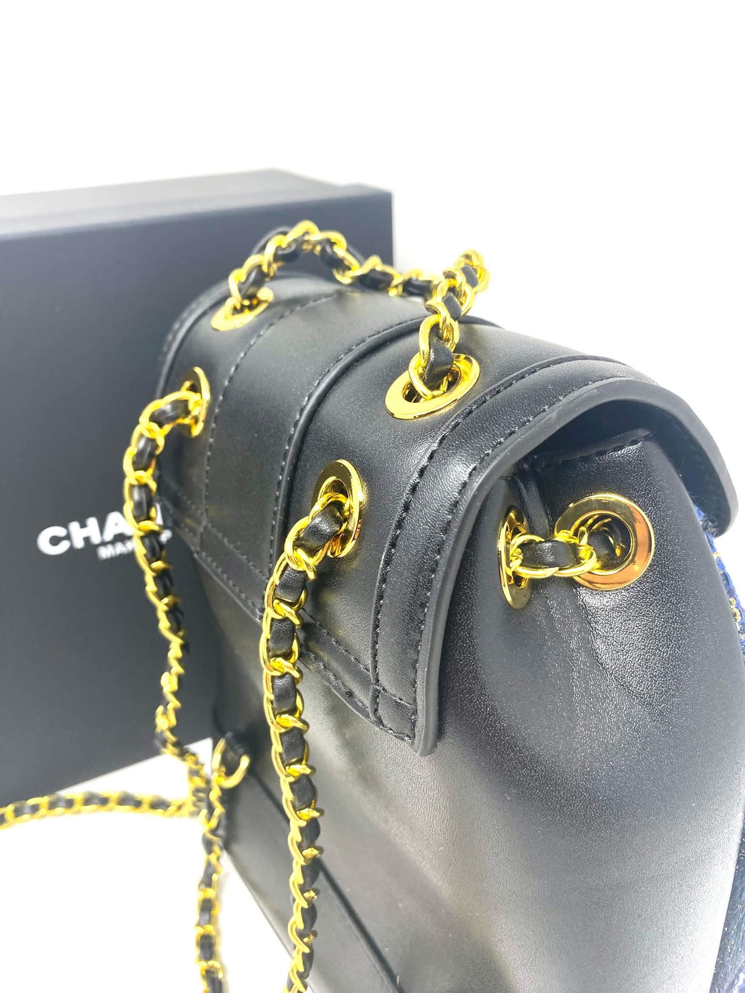 CHANEL Beauty Blue Tweed Drawstring Backpack / Bucket Bag with Gold-Tone Chain (VIP Gift with Box)