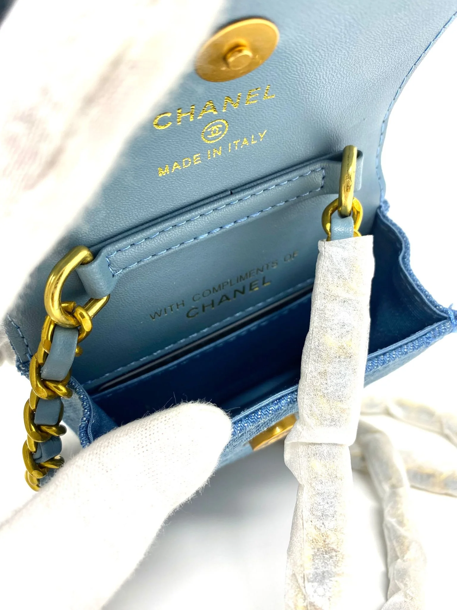 CHANEL Beauty Blue Denim Makeup Bag with Gold-toned Chain (VIP Gift with Box) Made in Italy