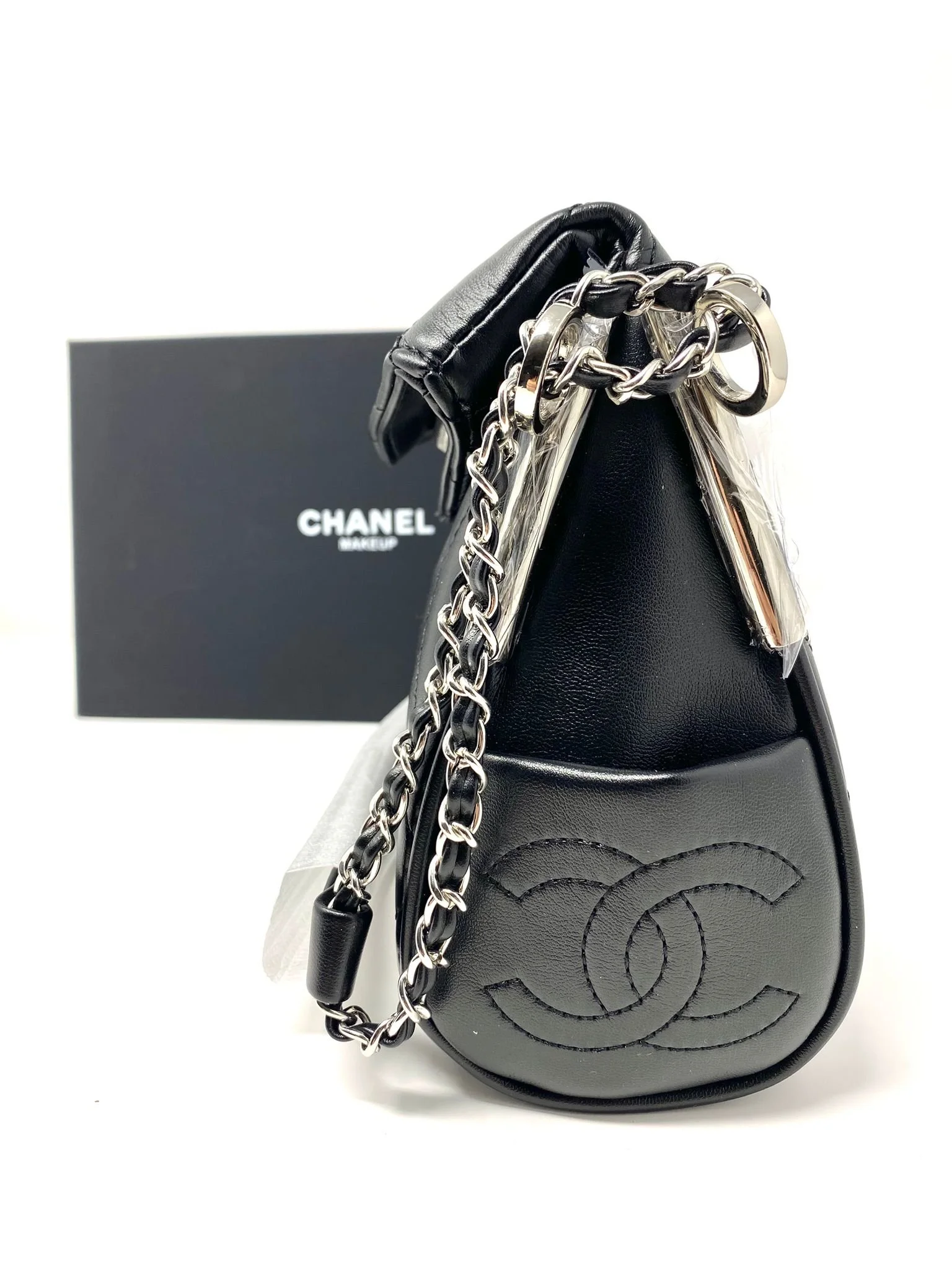 CHANEL Black Quilted Beauty Makeup Bag on Chain VIP Gift With Box Made in France