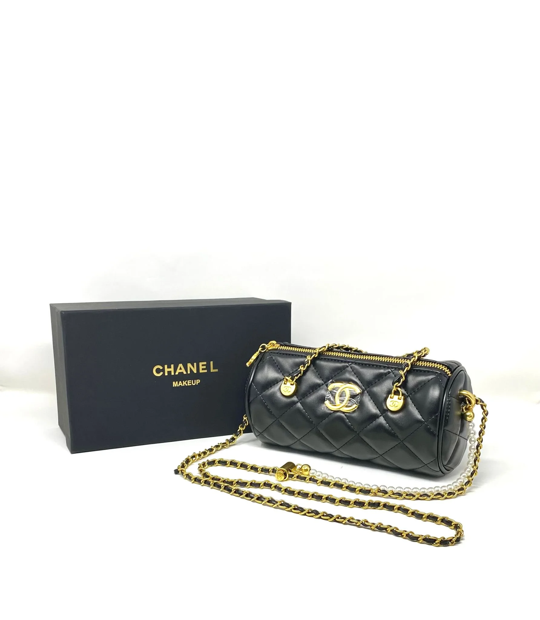 CHANEL Beauty Mini Quilted Cylinder Bag Black Gold Chain Pearl Strap  (VIP Gift) Made in France