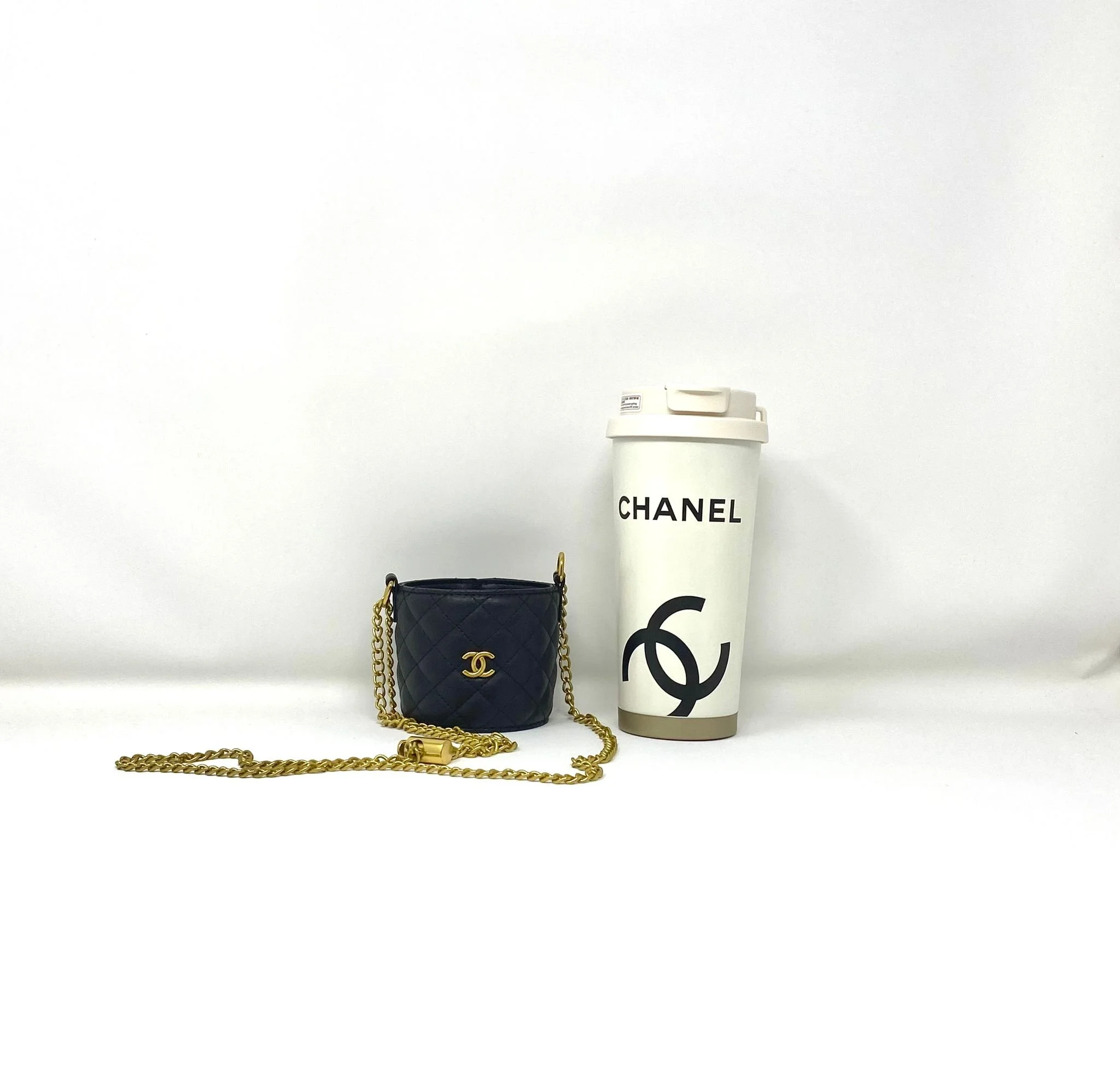 CHANEL Beauty White Thermal Mug & Holder Set with Chain Black Quilted (VIP Gift) with Box