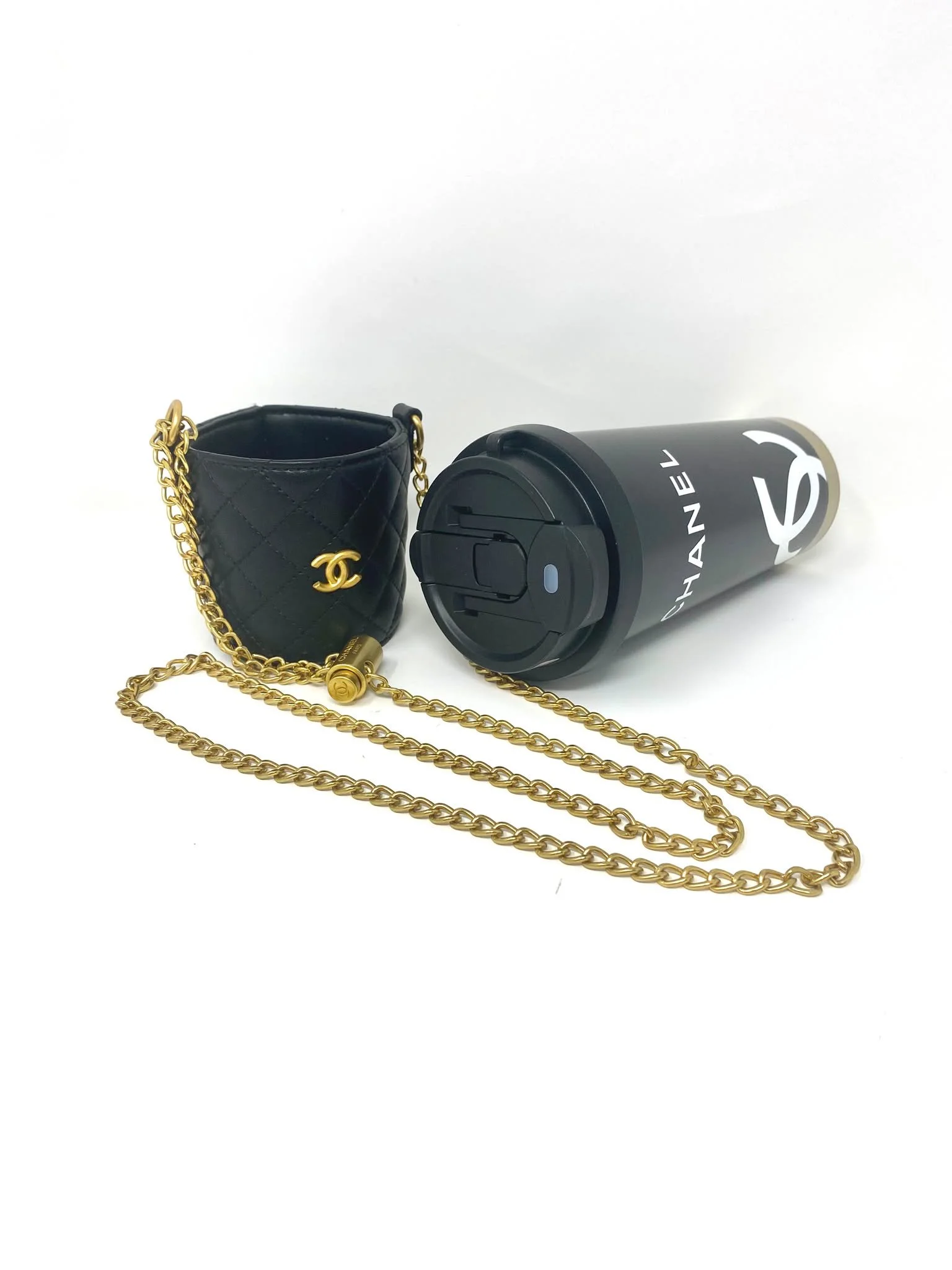 CHANEL Beauty Black Thermal Mug & Holder Set with Chain Black Quilted (VIP Gift) with Box