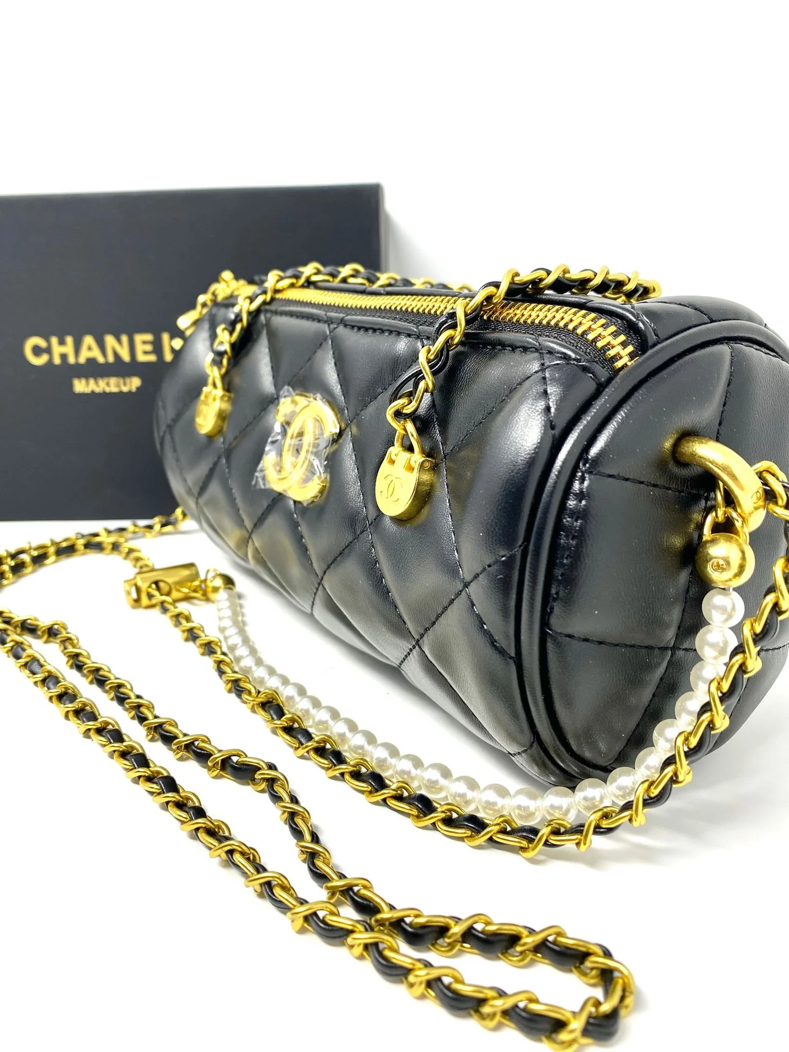 CHANEL Beauty Mini Quilted Cylinder Bag Black Gold Chain Pearl Strap  (VIP Gift) Made in France