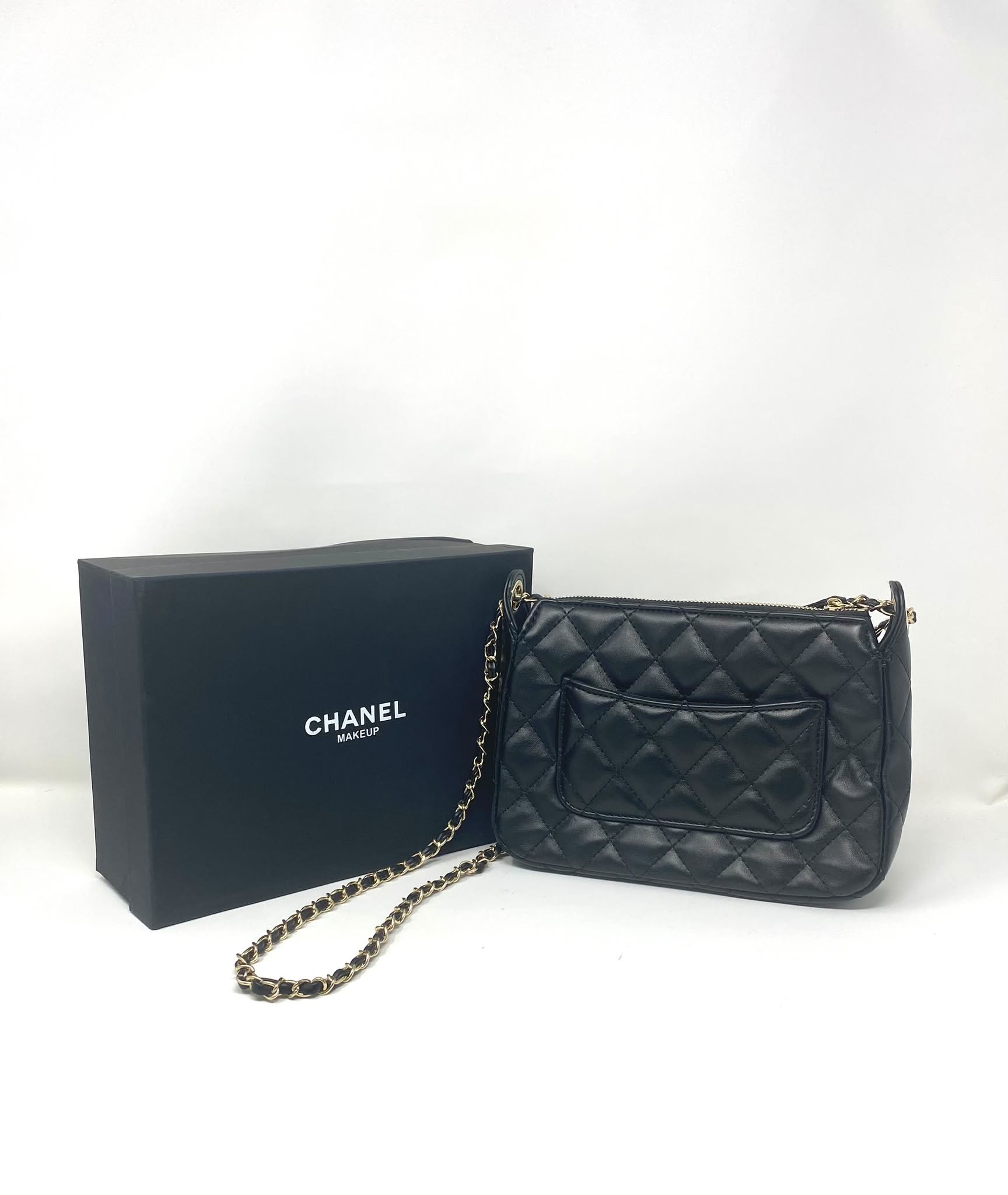 CHANEL Beauty Black Matelassé Quilted Makeup Bag on Chain with Box (VIP Gift) Made in France